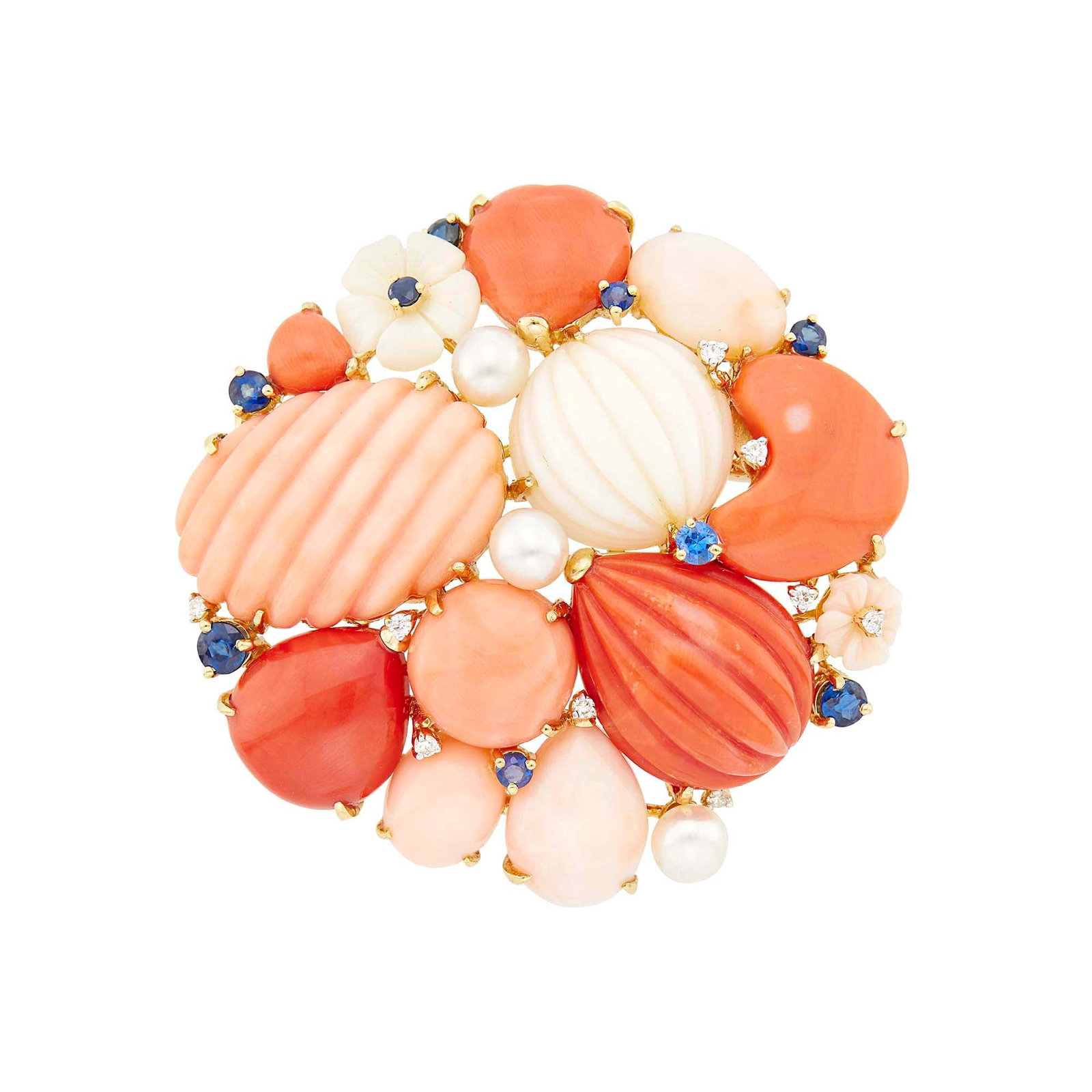 Gold, Multicolored Coral, Cultured Pearl, Sapphire and Diamond Clip-Brooch: Vari-shaped polished and fluted white, angel skin and orange coral, two carved white and angel skin coral florets, 3 pearls ap. 5.6 to 5.4 mm., 9 small round sapphires, 6 small round diamonds, ap. 21.