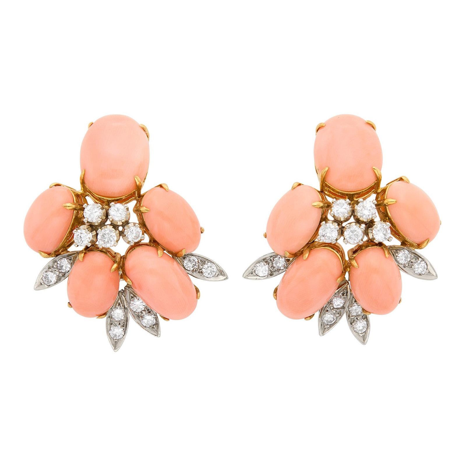 Pair of Two-Color Gold, Angel Skin Coral and Diamond Earclips: 18 kt. yellow and white gold, 10 oval cabochon angel skin coral, 26 round diamonds ap. 1.75 cts., signed Italy, ap. 20.8 dwts. gross. Coral: medium slightly pinkish orange, some lighter and deeper mot