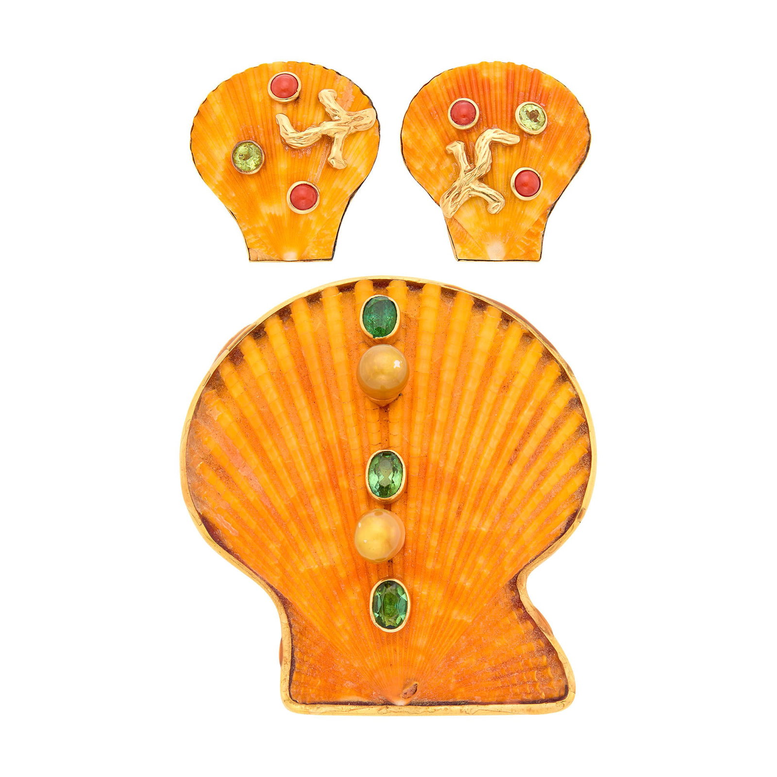 Marguerite Stix Gold, Shell, Dyed Cultured Pearl and Gem-Set Clip-Brooch and Maz Pair of Earclips (1 of 1)