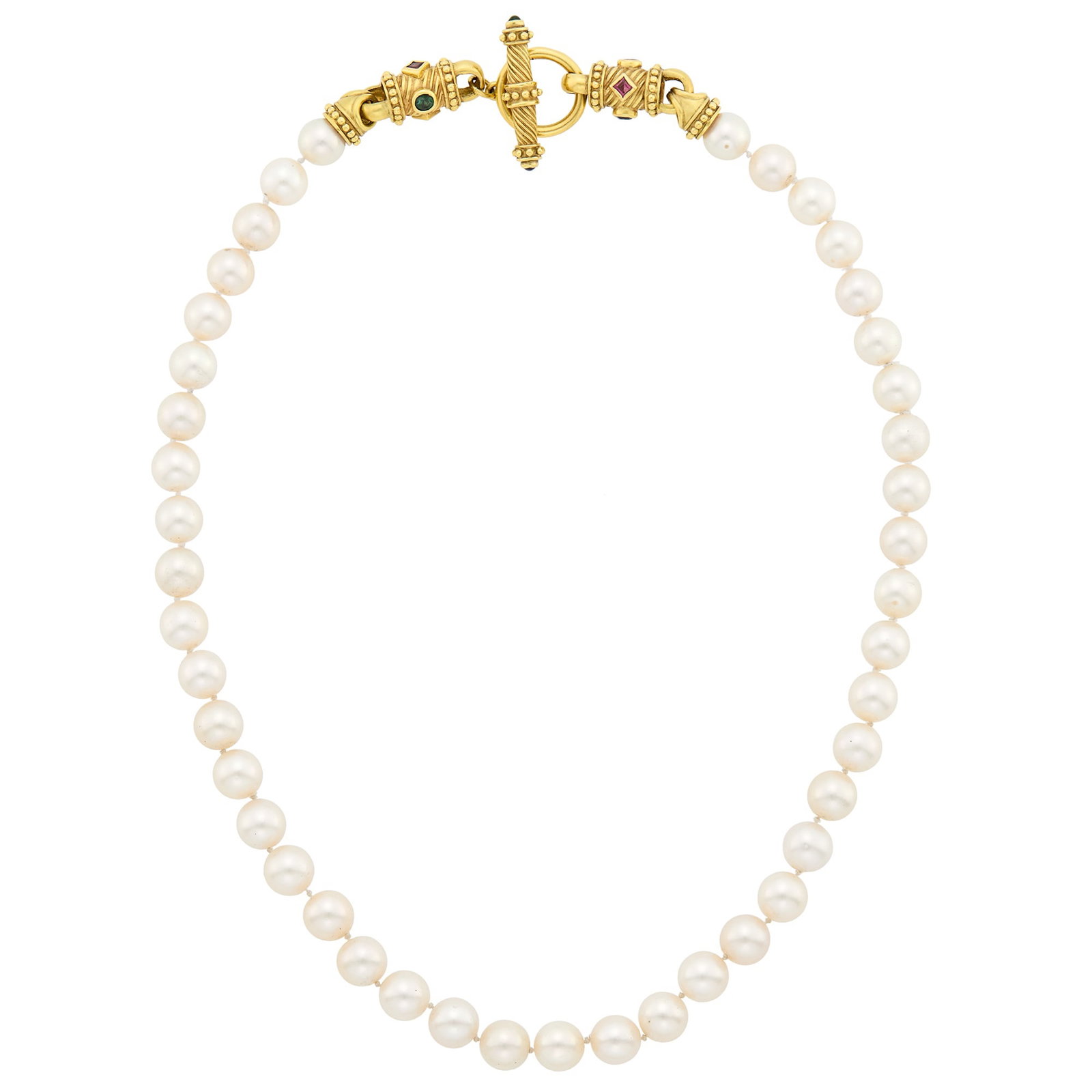 Judith Ripka Long Gold, Cultured Pearl and Gem-Set Necklace with Toggle Clasp: 18 kt., 43 pearls ap. 9.8 to 9.5 mm., 8 round and square pink and green tourmalines, 2 small round cabochon pink and green tourmalnes, signed JR. Length 21 1/2 inches. Pearls: creamy, faint golden ove