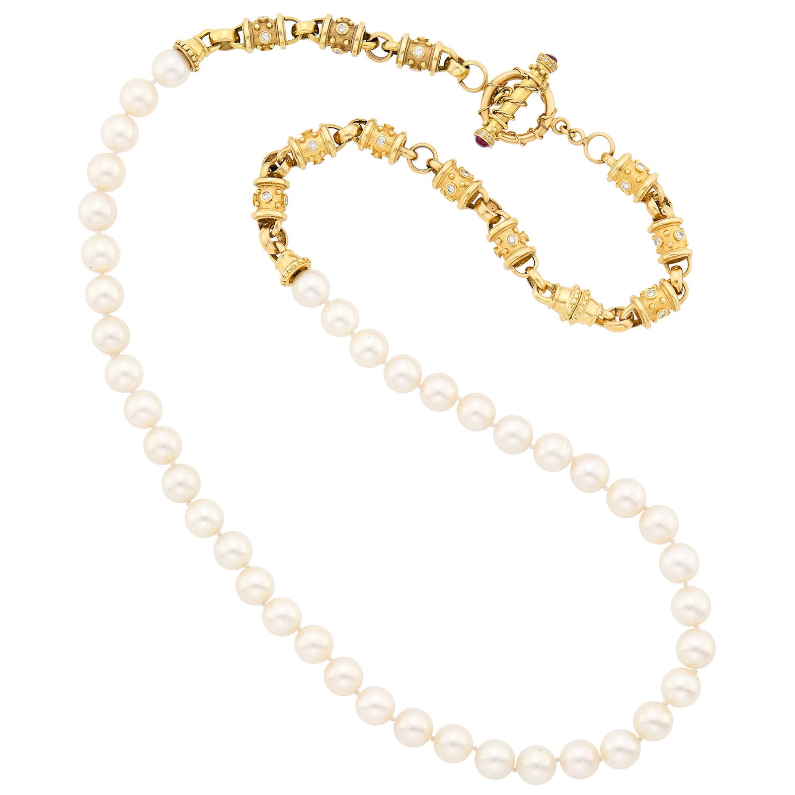 Long Gold, Cultured Pearl and Diamond Necklace/Bracelet Combination with Toggle Clasp (1 of 1)