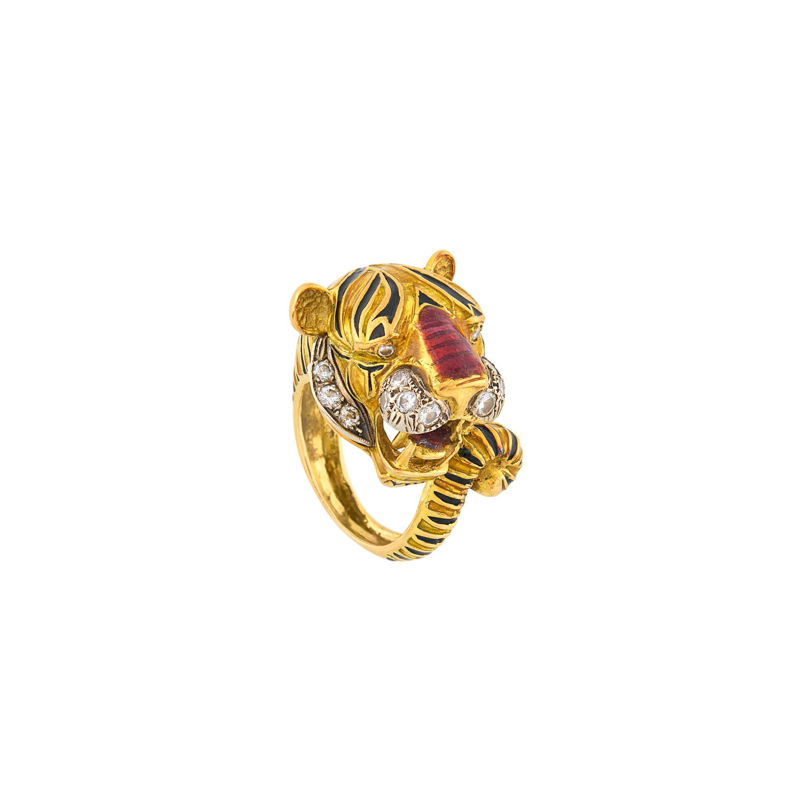 Two-Color Gold, Enamel and Diamond Tiger Ring: Yellow and white gold, yellow, black and red enamel, 14 round diamonds ap. .55 ct., minor enamel loss, ap. 11 dwts. Tests as 18 kt. Minor black enamel loss. Width 11/16 inch.