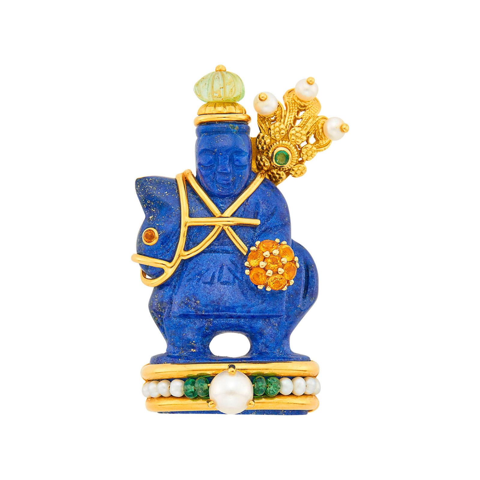 Seaman Schepps Gold, Carved Lapis, Emerald Bead, Gem-Set, Mabé and Cultured Pearl Chessman: 18 kt., carved lapis chessman ap. 36.0 x 27.0 mm., fluted emerald bead ap. 7.8 mm., 4 polished emerald beads, one small round emerald, 8 round citrines, one mabé pearl ap. 6.8 mm., 3 pearls ap. 3