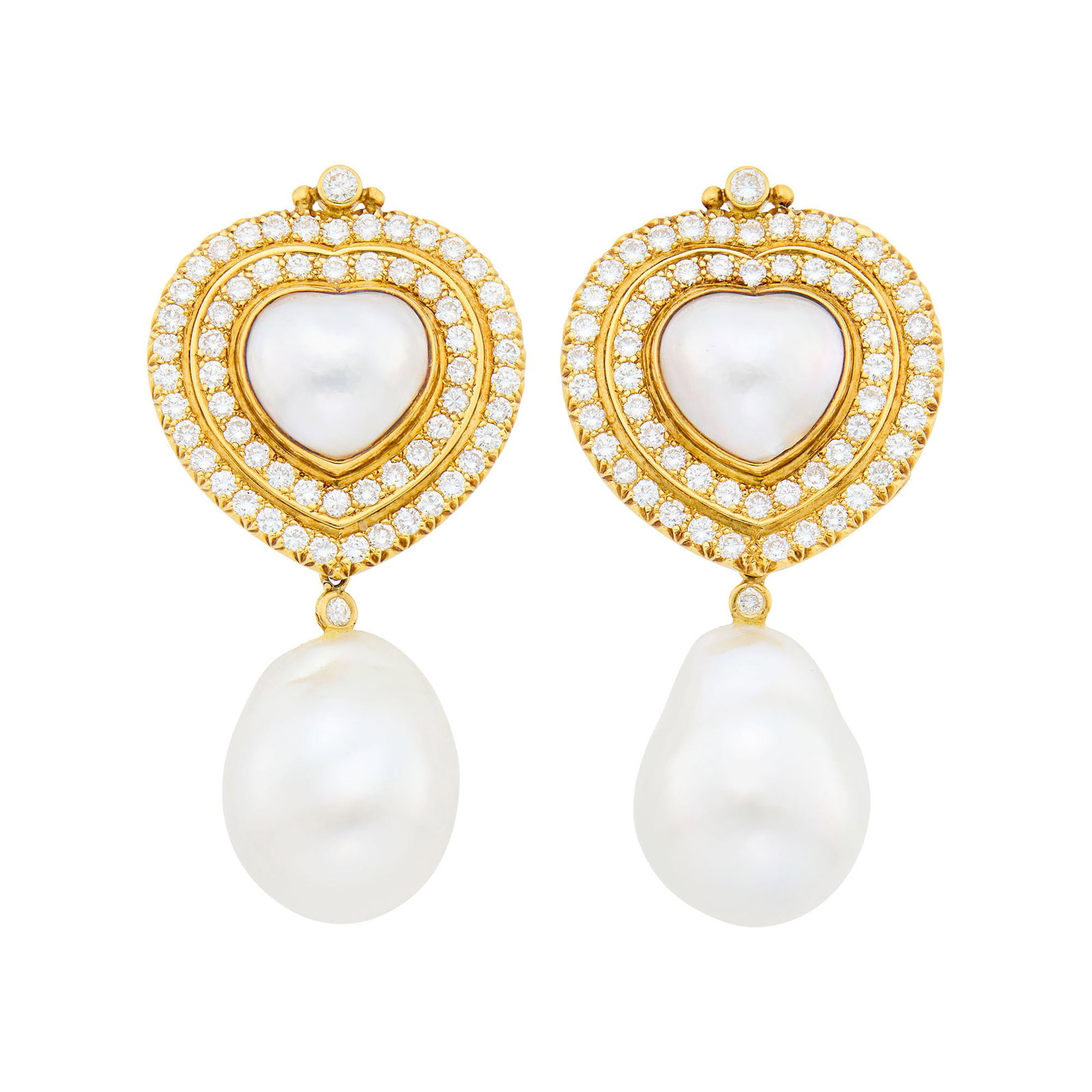 Pair of Gold, Mabé Pearl, Diamond and Baroque South Sea Cultured Pearl Pendant-Earclips: 18 kt., 2 heart-shaped mabé pearls ap. 10.5 x 11.6 x 6.0 mm., 122 round diamonds ap. 3.70 cts., 2 baroque pearls ap. 19.0 x 15.6 x 15.0 and 20.0 x 15.6 x 14.6 mm., signed P.A.F., with English ass