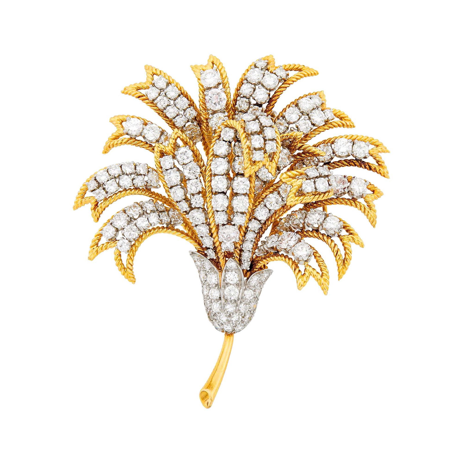 Gold, Platinum and Diamond Clip-Brooch: 72 round and 13 single-cut diamonds ap. 8.00 cts., ap. 20 dwts. Tests as 18 kt. Diamonds: G-H-I-VS. 2 3/8 x 2 1/8 inches.