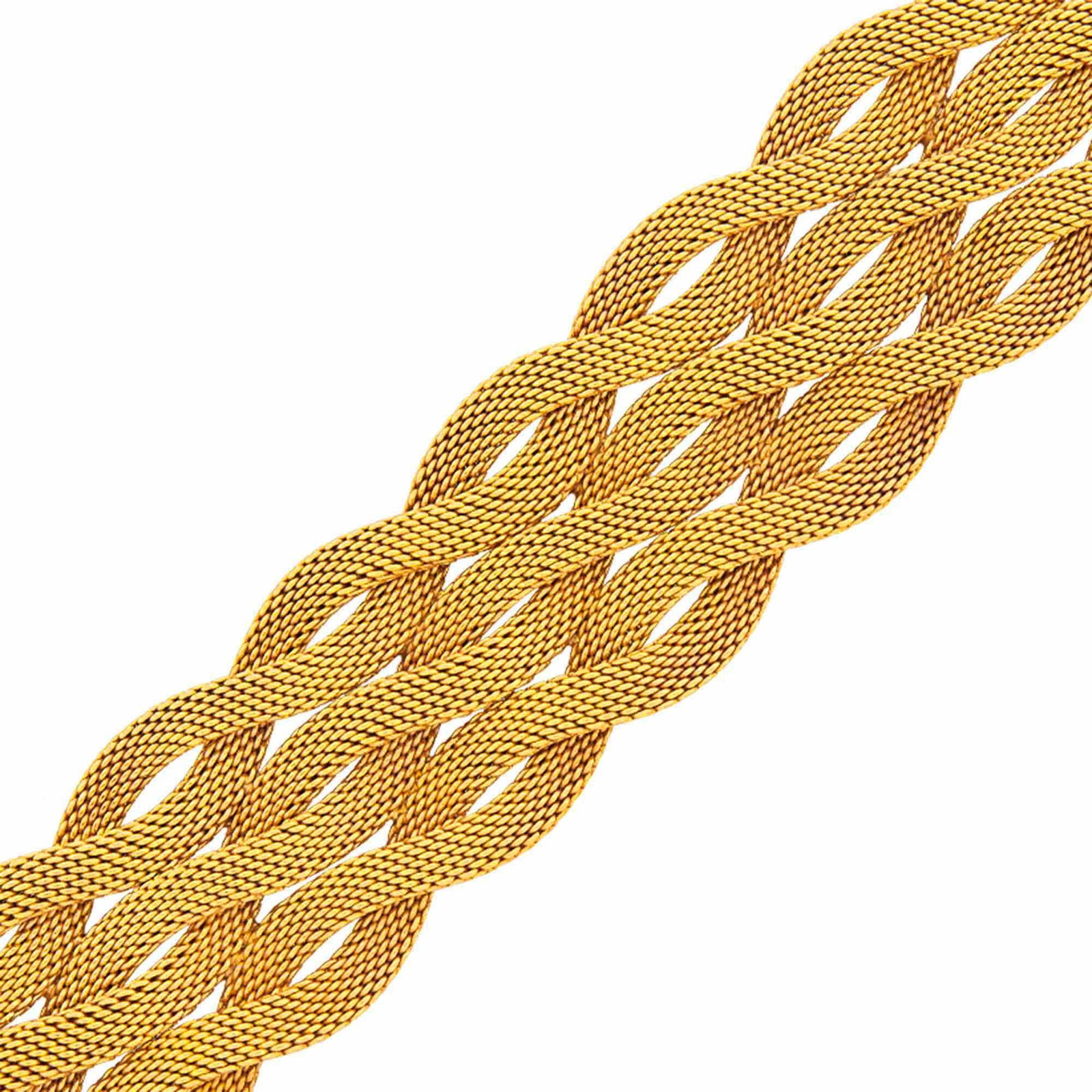Wide Braided Gold Mesh Bracelet: 18 kt., ap. 56.4 dwts. Inner cir. 7 1/2 inches. Width 1 inch.
