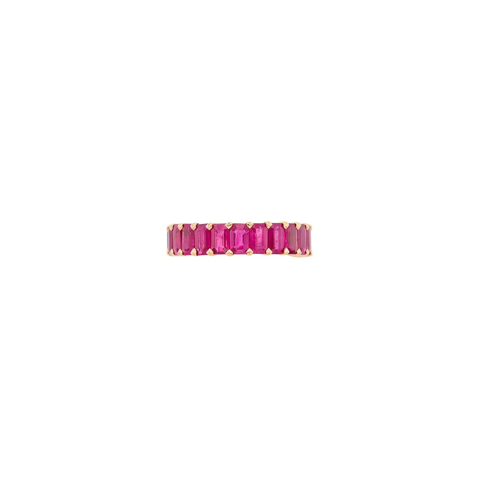Rose Gold and Ruby Band Ring: 18 kt., 23 cut-cornered emerald-cut rubies weighing 8.40 cts., weight inscribed, ap. 4 dwts. Size 6. Rubies: vivid slightly pinkish raspberry red, slightly to moderately included, nice cuts, fluoresce