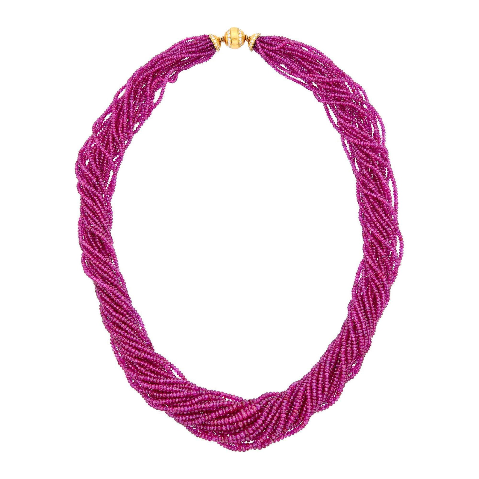 Multistrand Ruby Bead Torsade Necklace with Gold and Diamond Clasp: 18 kt., twenty-one strands, faceted ruby beads ap. 4.5 to 2.5 mm., 60 round diamonds ap. 1.50 cts. Length 24 1/2 inches, adjustable. Ruby beads: medium deep raspberry, slightly to moderately included,