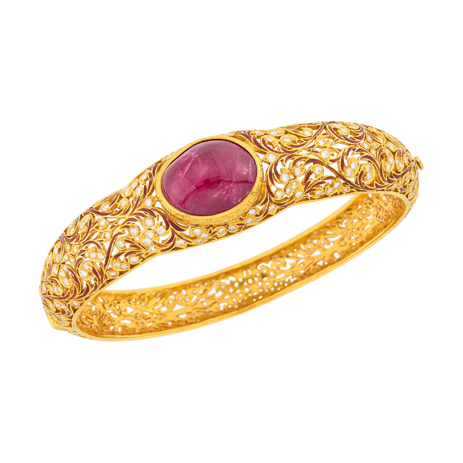 Gold, Cabochon Ruby, Diamond and Orange Enamel Bangle Bracelet: One oval cabochon ruby ap. 15.3 x 12.2 mm., gold-backed, small round diamonds ap. 3.75 cts., one diamond missing, minor enamel loss, ap. 24.6 dwts. Inner cir. 6 3/4 inches. Tests as 18 kt. Ruby: