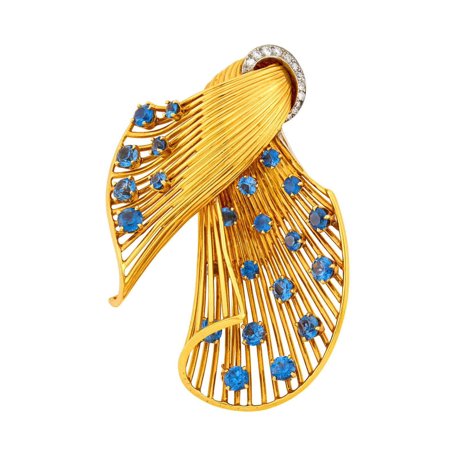 Ruser Gold, Platinum, Sapphire and Diamond Brooch: 18 kt., 22 round sapphires ap. 5.00 cts., 12 small round and single-cut diamonds, signed Ruser, c. 1950, ap. 18 dwts. Sapphires: bright medium cornflower blue, cleanish to slightly included, lively. D