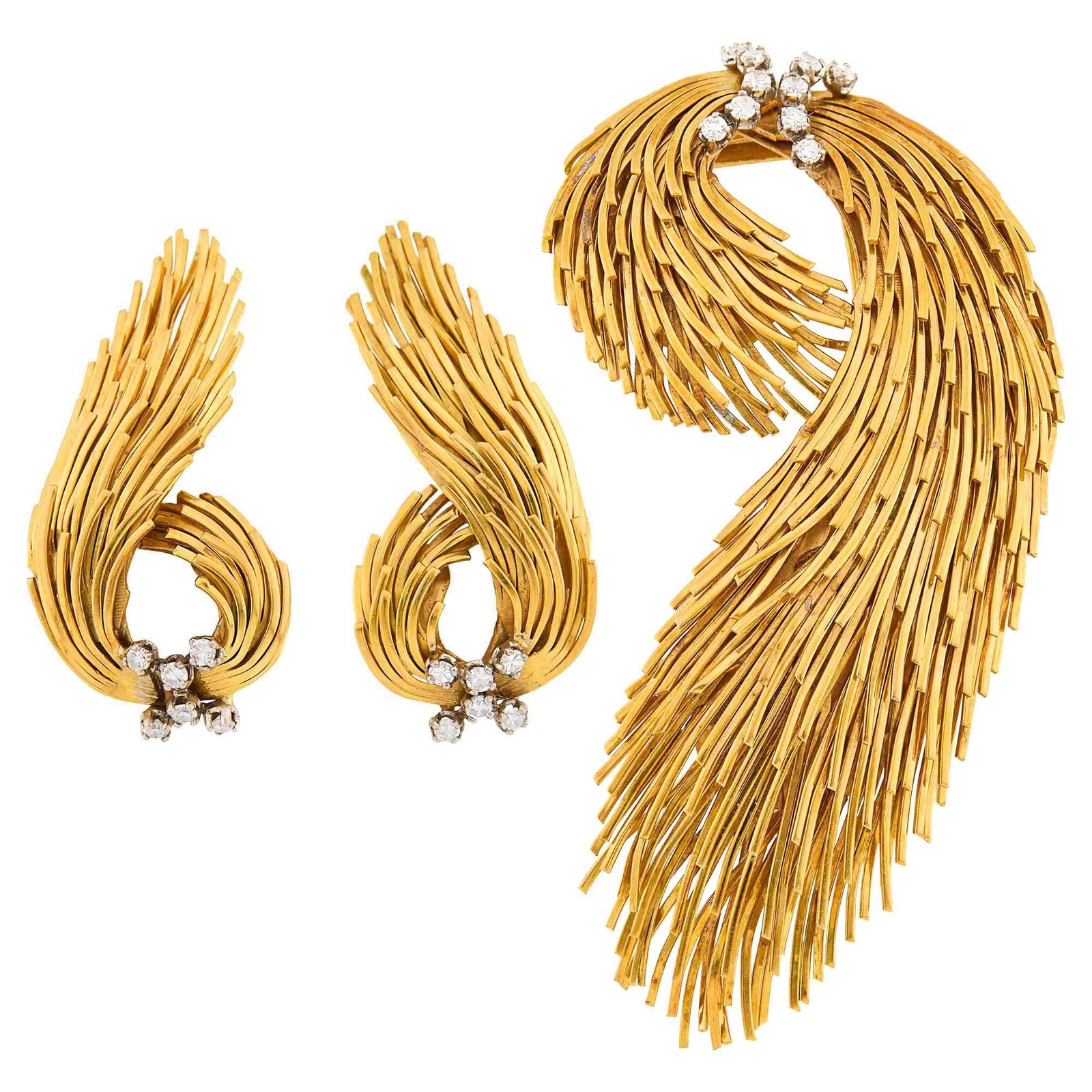 Gold, Platinum and Diamond Spray Brooch and Pair of Earclips: 18 kt., 22 single-cut diamonds ap. .70 ct., ap. 38.2 diamonds, both signed WR, earrings with maker's mark, 38.2 dwts. Brooch: 3 x 1 1/2 inches. Posts and clip-backs. 1 1/2 x 3/4 inches.