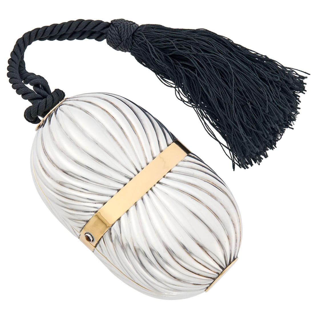 Gucci Sterling Silver, Gold and Tiger's Eye Clutch with Black Tassel: 18 kt., .925 silver, one cabochon tiger's eye thumbpiece, silk tassel strap, signed Gucci, Italy, with Italian mark, ap. 180.6 dwts. With signed dust bag. 5 1/4 x 3 x 1 3/8 inches. Normal wear, minor 