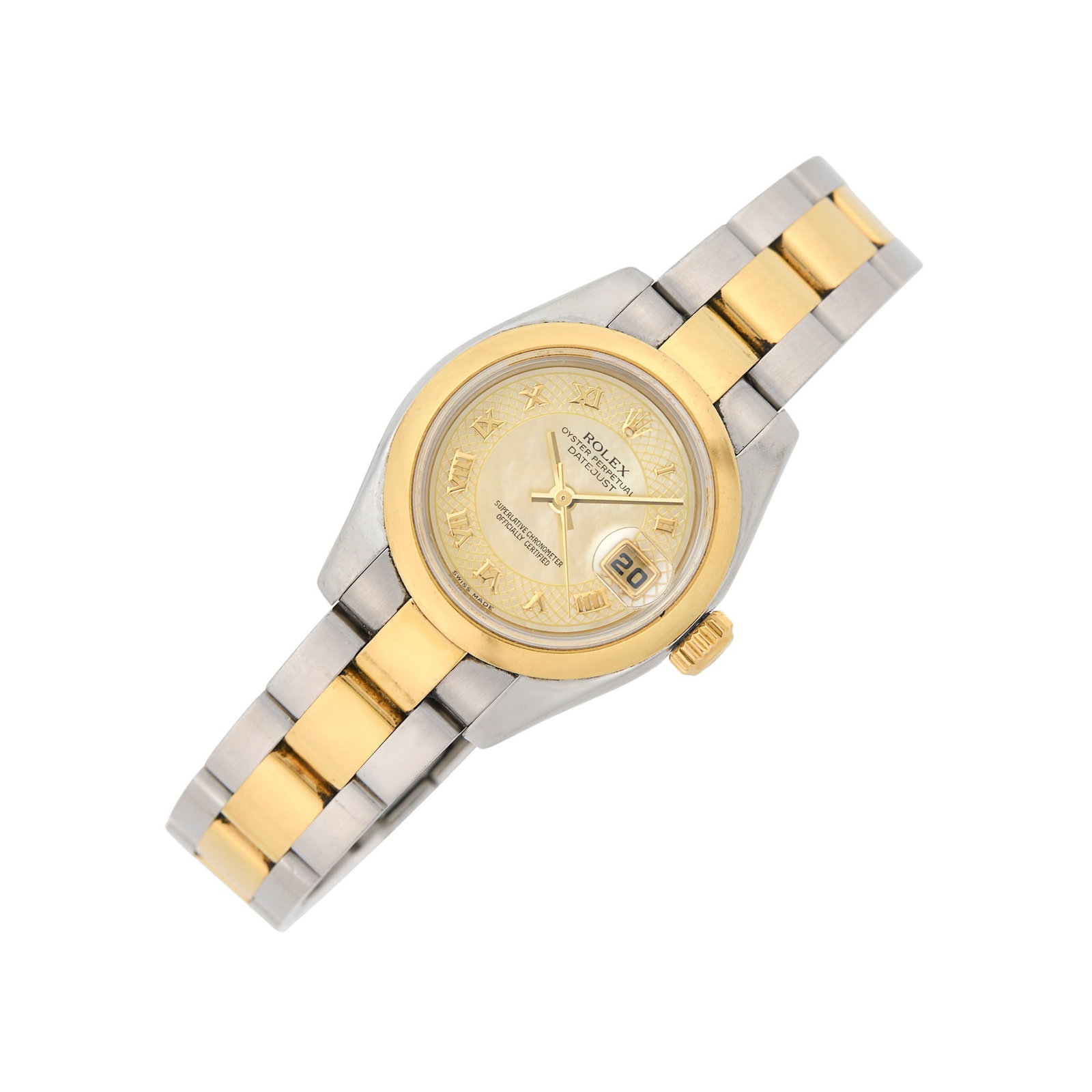 Rolex Stainless Steel, Gold and Mother-of-Pearl 'Datejust' Wristwatch, Ref. 179163: Automatic, round mother-of-pearl panel outer edge applied with gold-tone latticework and gold-tone Roman numerals, sweep seconds, date aperture, sapphire crystal with cyclops, polished gold bezel, cas