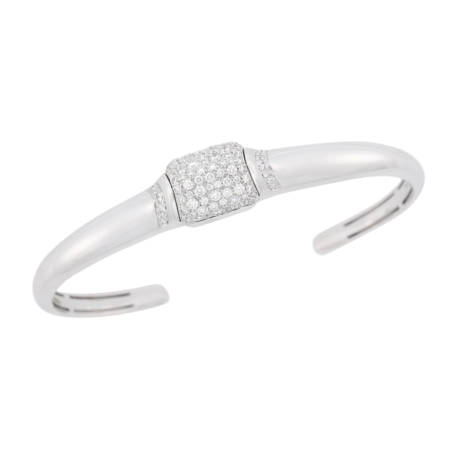 Bulgari White Gold and Diamond Bangle Bracelet: 18 kt., 81 round diamonds ap. 1.60 cts., signed Bulgari, Made in Italy, no. EM7MC8, with Italian marks, ap. 18.6 dwts. Inner cir. 7 1/2 inches, with open back. Diamonds: G-H-VS. Center width 7/16 inch