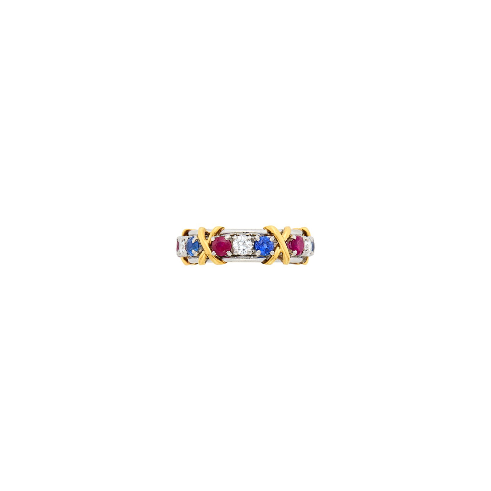 Tiffany & Co., Schlumberger Platinum, Gold, Ruby, Sapphire and Diamond 'Fifteen Stone X' Band Ring: 18 kt., 5 round diamonds ap. .65 ct., 10 round rubies and sapphires ap. 1.35 cts., signed Tiffany, Schlumberger, ap. 4.8 dwts. Size 5. With signed box. Diamonds: G-H-VS. Sapphires: bright medium