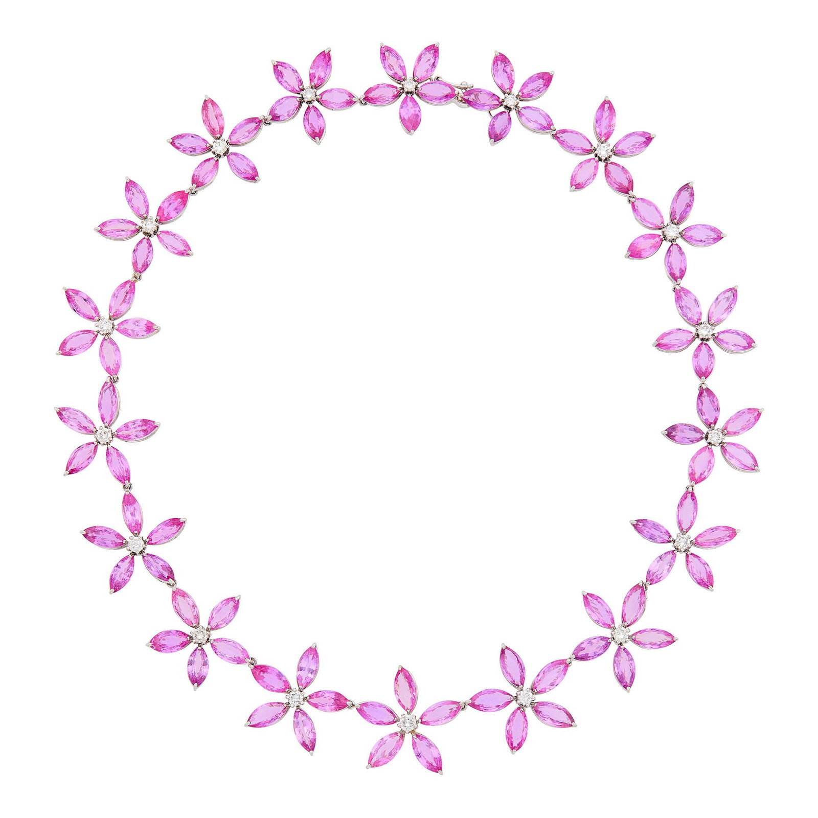 White Gold, Pink Sapphire and Diamond Flower Necklace: 90 marquise-shaped pink sapphires ap. 69.00 cts., 18 round diamonds ap. 2.35 cts., ap. 43.5 dwts. gross. Length 17 inches. With GIA report no. 2235933871 stating one stone tested at random, Madagascar