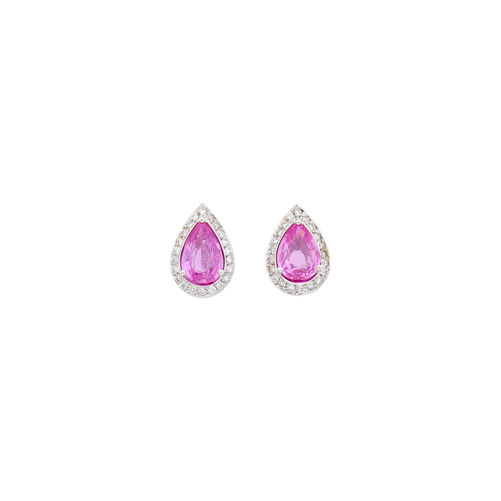 Pair of White Gold, Pink Sapphire and Diamond Earrings: 2 pear-shaped pink sapphires weighing 3.53 cts., 42 round diamonds ap. .20 ct., ap. 3.2 dwts. With GIA report no. 2233953095 stating No indications of Heating. With GIA report no. 5231952105 stating H