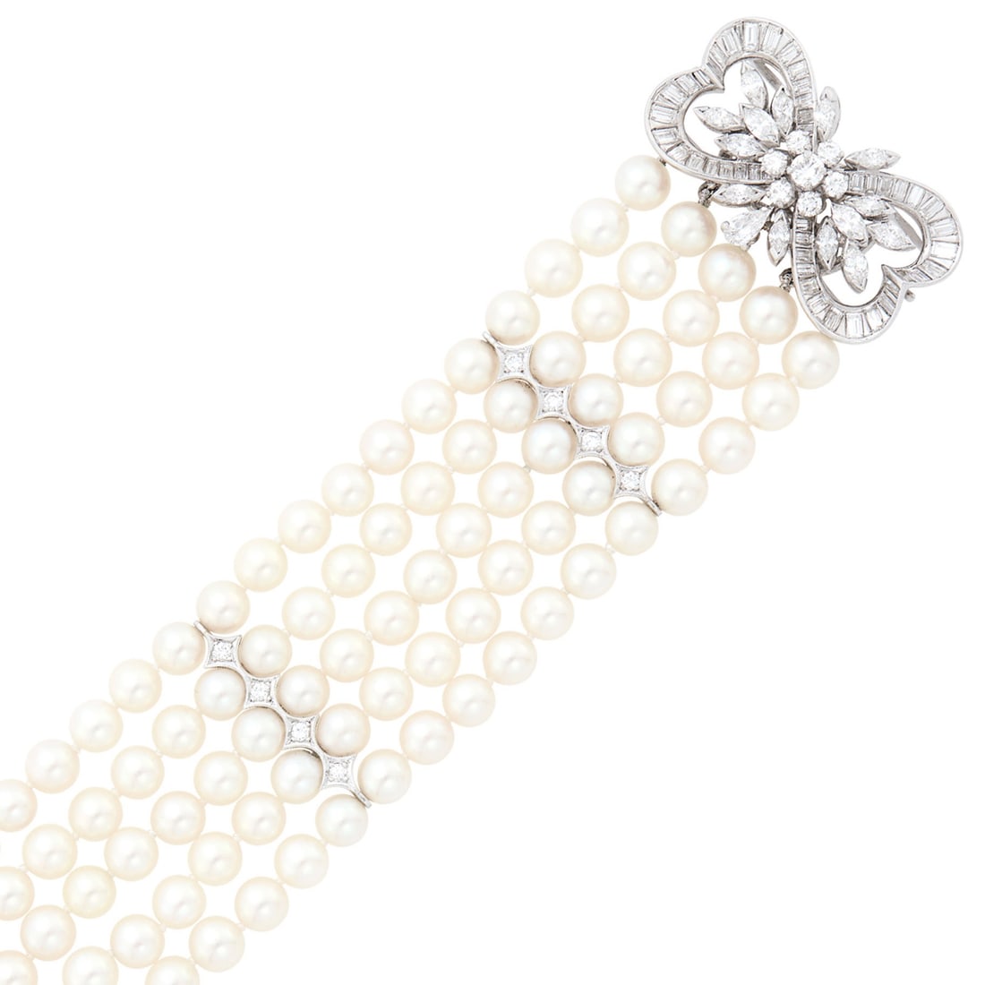 Five Strand Cultured Pearl, Platinum and Diamond Bracelet: Pearls ap. 8.5 mm., 19 round, 48 baguette, 14 marquise and 2 pear-shaped diamonds ap. 4.10 cts. Length 7 inches. Pearls: slightly creamy, strong rose and fainter green orients, few with texture to