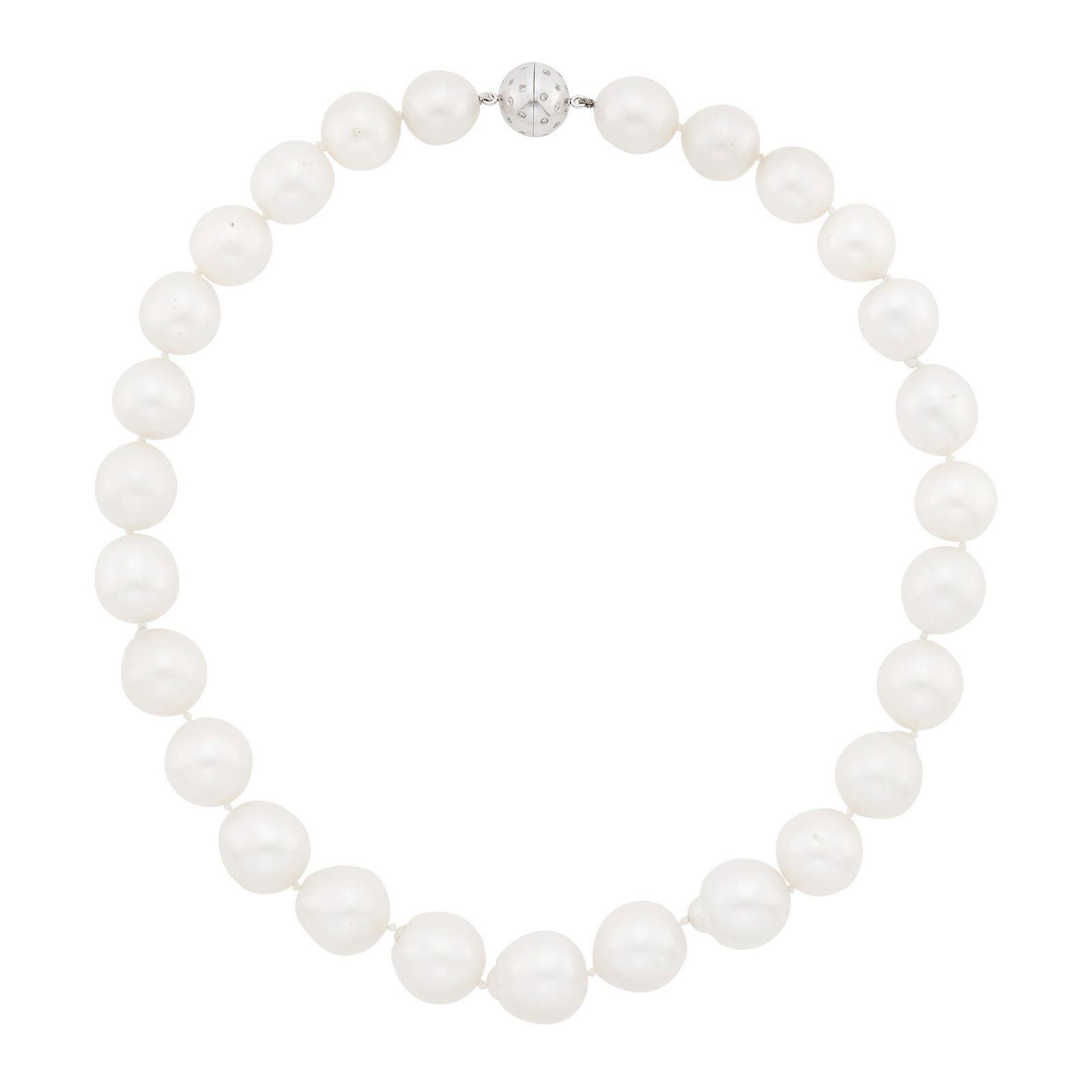 Semi-Baroque South Sea Cultured Pearl Necklace with White Gold and Diamond Ball Clasp: 14 kt., 27 pearls ap. 17.0 to 14.0 mm., small round diamonds ap. .45 ct. Length 19 1/4 inches. Pearls: white with faint green overtone, faint rose orient, round to modified round to oval to bell