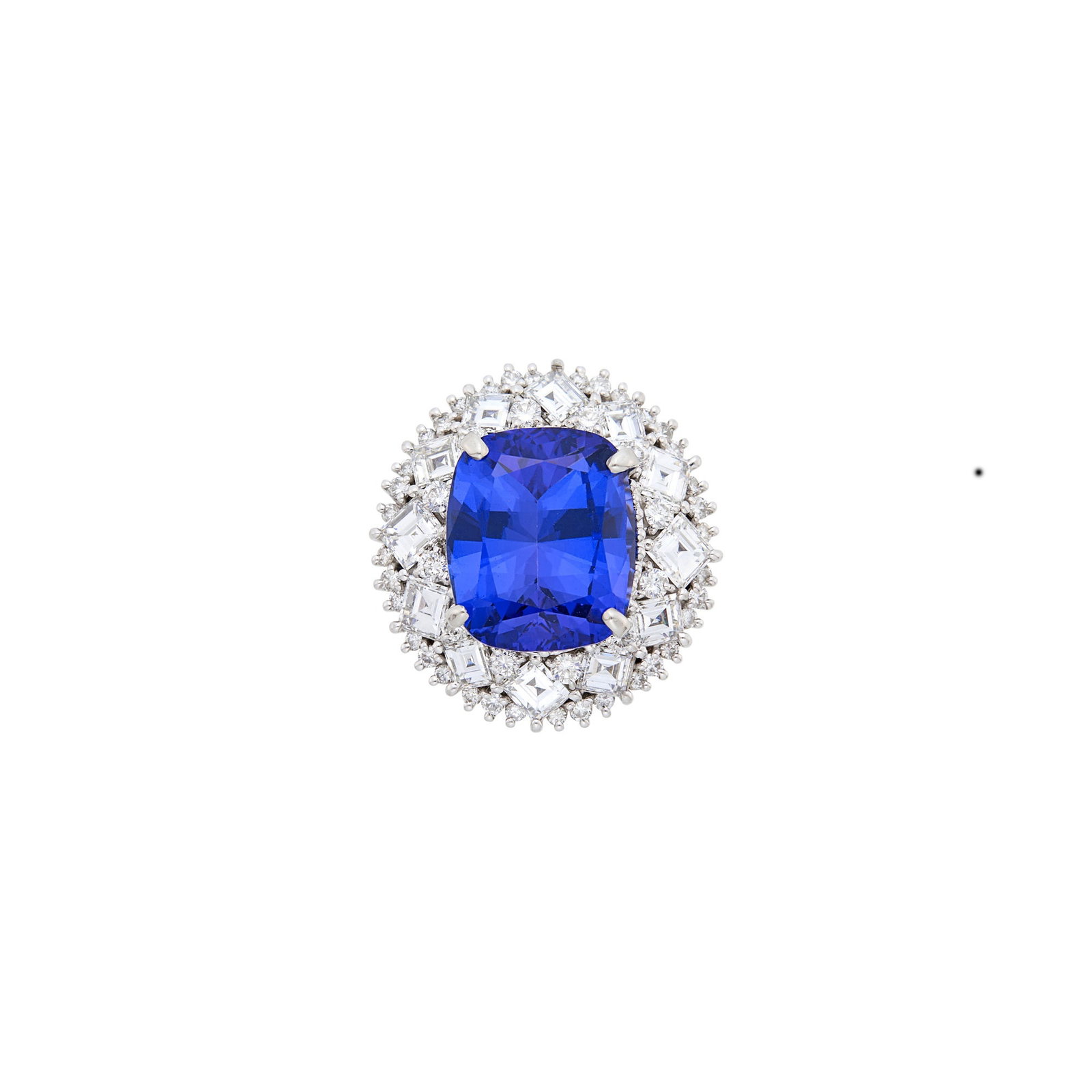 Platinum, Tanzanite and Diamond Ring: One cushion-shaped tanzanite ap. 15.00 cts., 12 rectangular and square step-cut diamonds ap. 3.25 cts., 48 round and 2 pear-shaped diamonds ap. 1.30 cts., ap. 16 dwts. Size 7. Tanzanite: vivid electri