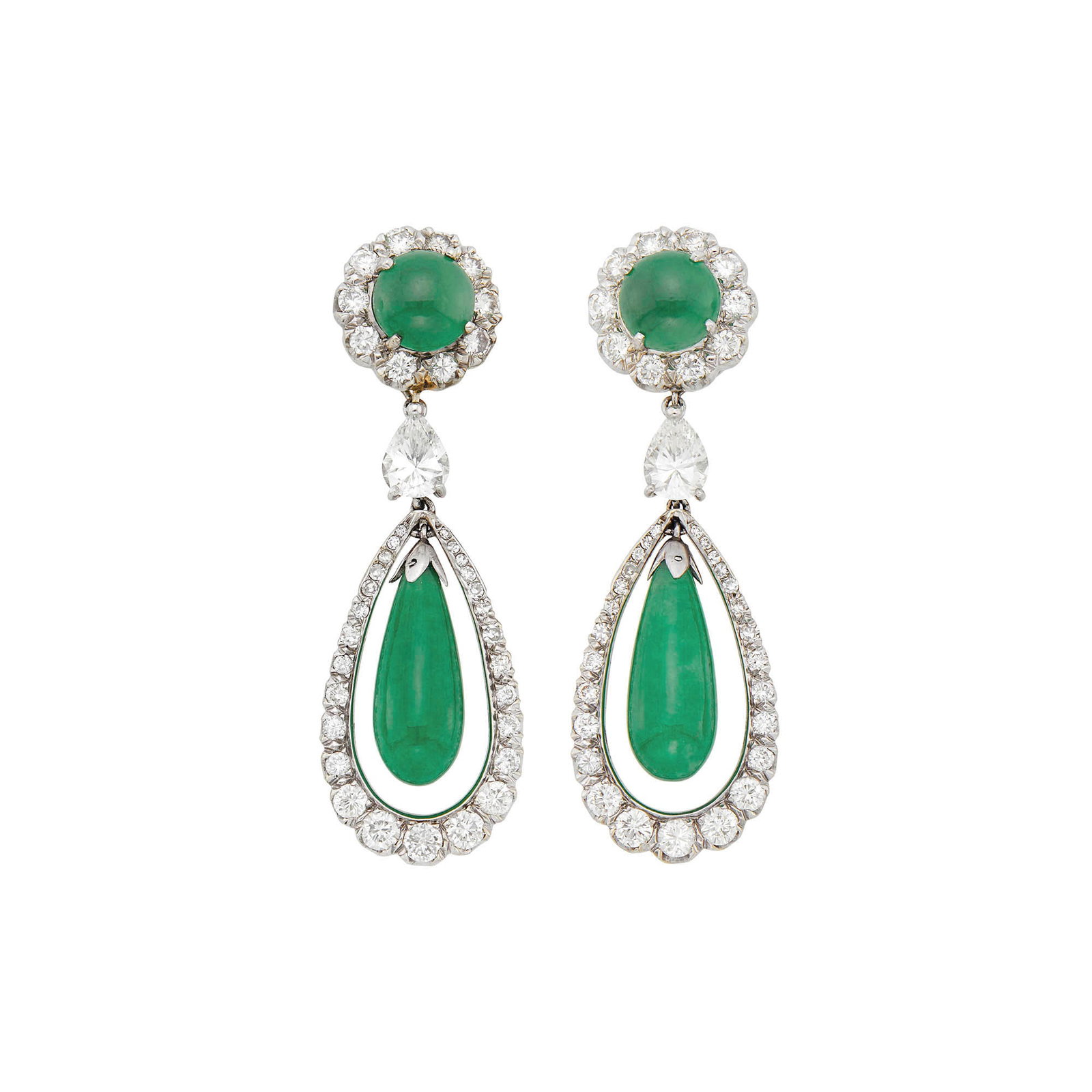 Pair of White Gold, Jade and Diamond Pendant Earrings: 2 round double cabochon jade ap. 7.12 to 7.14 mm., 2 drop-shaped jade ap. 16.07 x 6.27 x 6.35 mm., 74 round and single-cut diamonds ap. 1.95 cts., 2 pear-shaped diamonds ap. .80 ct., pendants