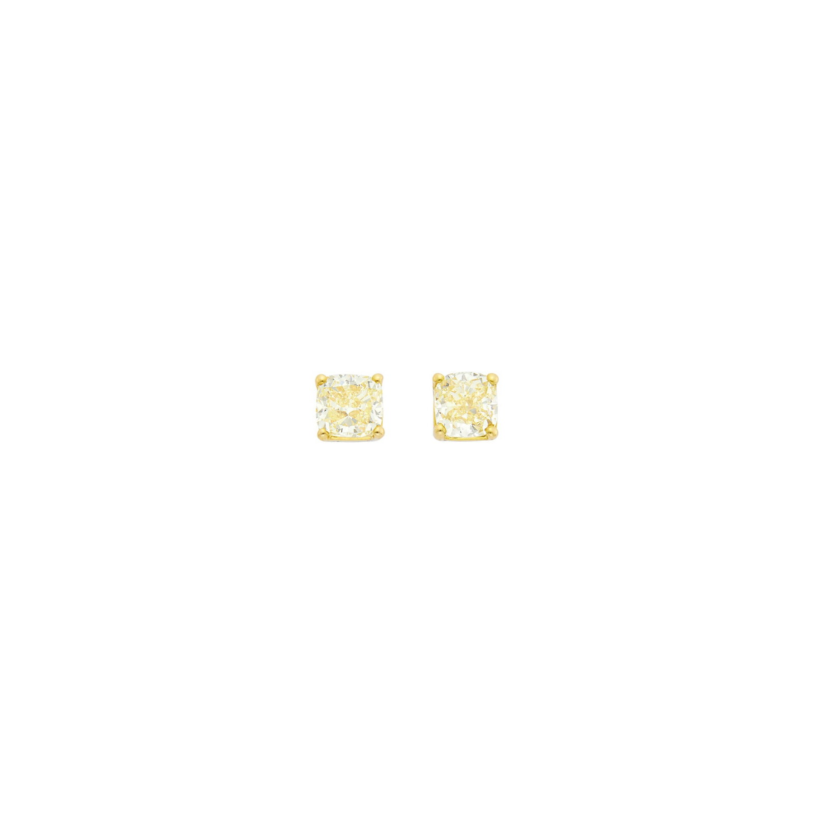 Pair of Gold, Platinum and Fancy Yellow Diamond Stud Earrings: 2 cushion-shaped modified brilliant Fancy Yellow diamonds weighing 2.50 cts. With GIA report no. 5231953251 stating 1.30 cts., Fancy Yellow, natural color, VS2 clarity. With GIA report no. 6237953243 
