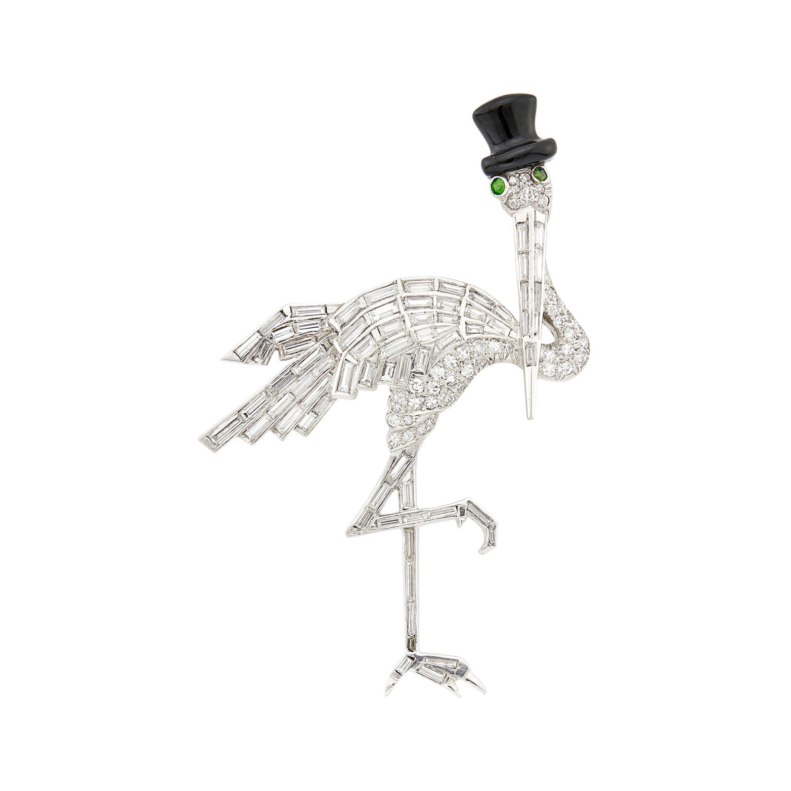 Platinum, Diamond, Demantoid Garnet and Black Enamel Stork Brooch (1 of 1)