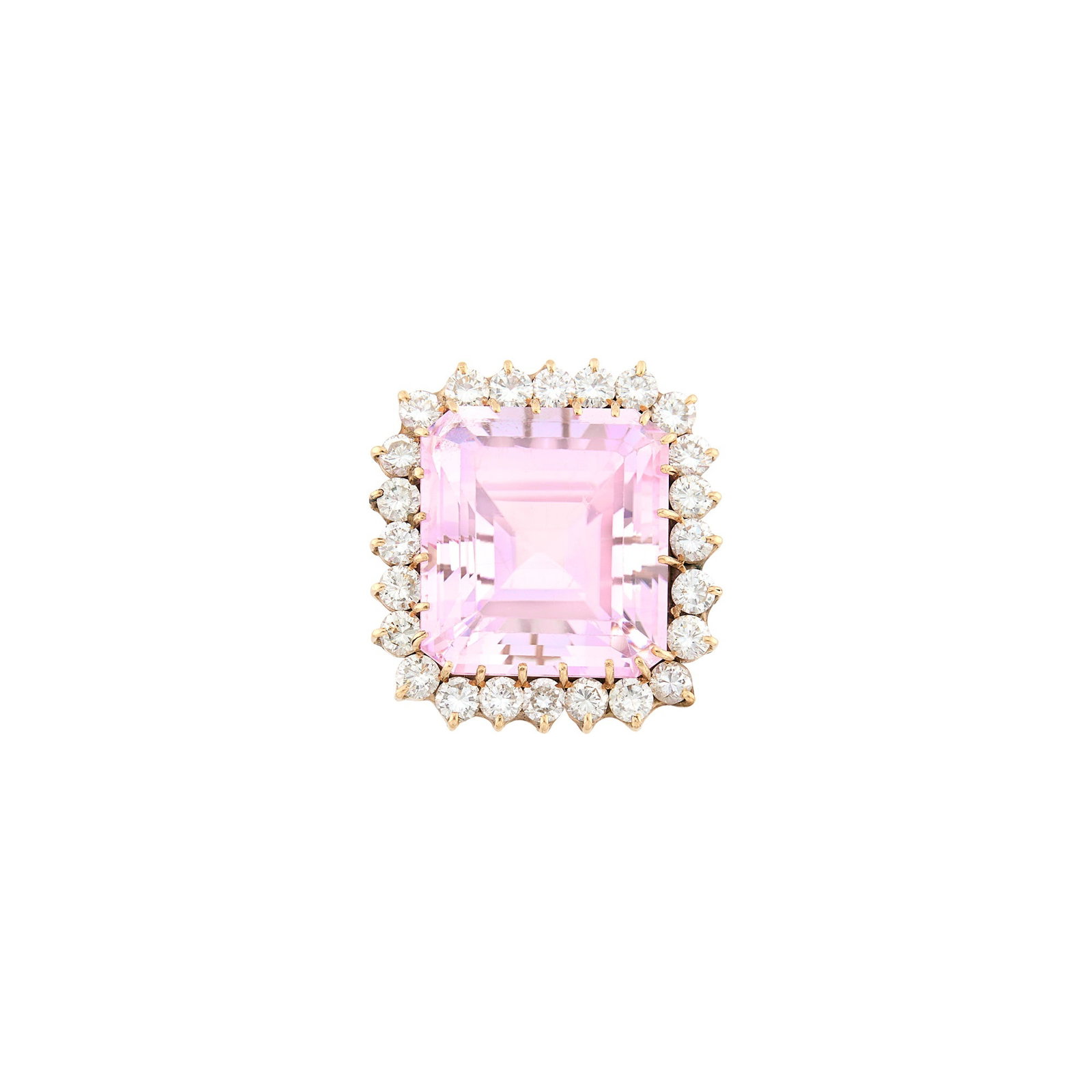 Gold, Kunzite and Diamond Ring: 14 kt., one cut-cornered step-cut square-shaped kunzite ap. 29.30 cts., 24 round diamonds ap. 3.10 cts., ap. 8 dwts. Size 6 1/2. Kunzite: medium light slightly purplish pink, cleanish, scratches on ta