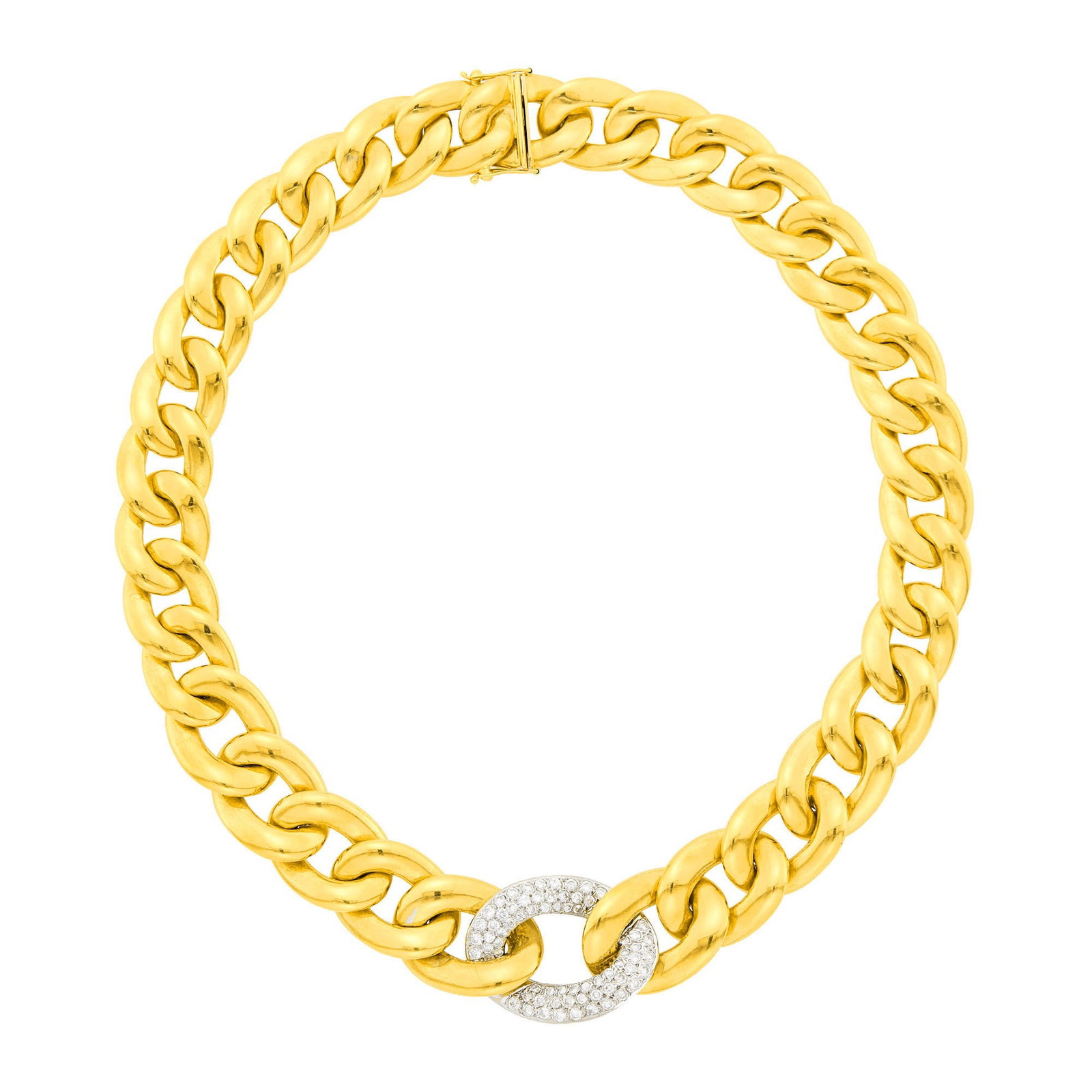 Two-Color Gold and Diamond Curb Link Necklace: 18 kt. yellow and white gold, 70 round diamonds ap. 1.90 cts., ap. 50.7 dwts. Length 16 inches. Diamonds: H-I-J-SI. Center link 1 1/4 x 15/16 inches. Necklace link width 3/4 to 5/8 inch.