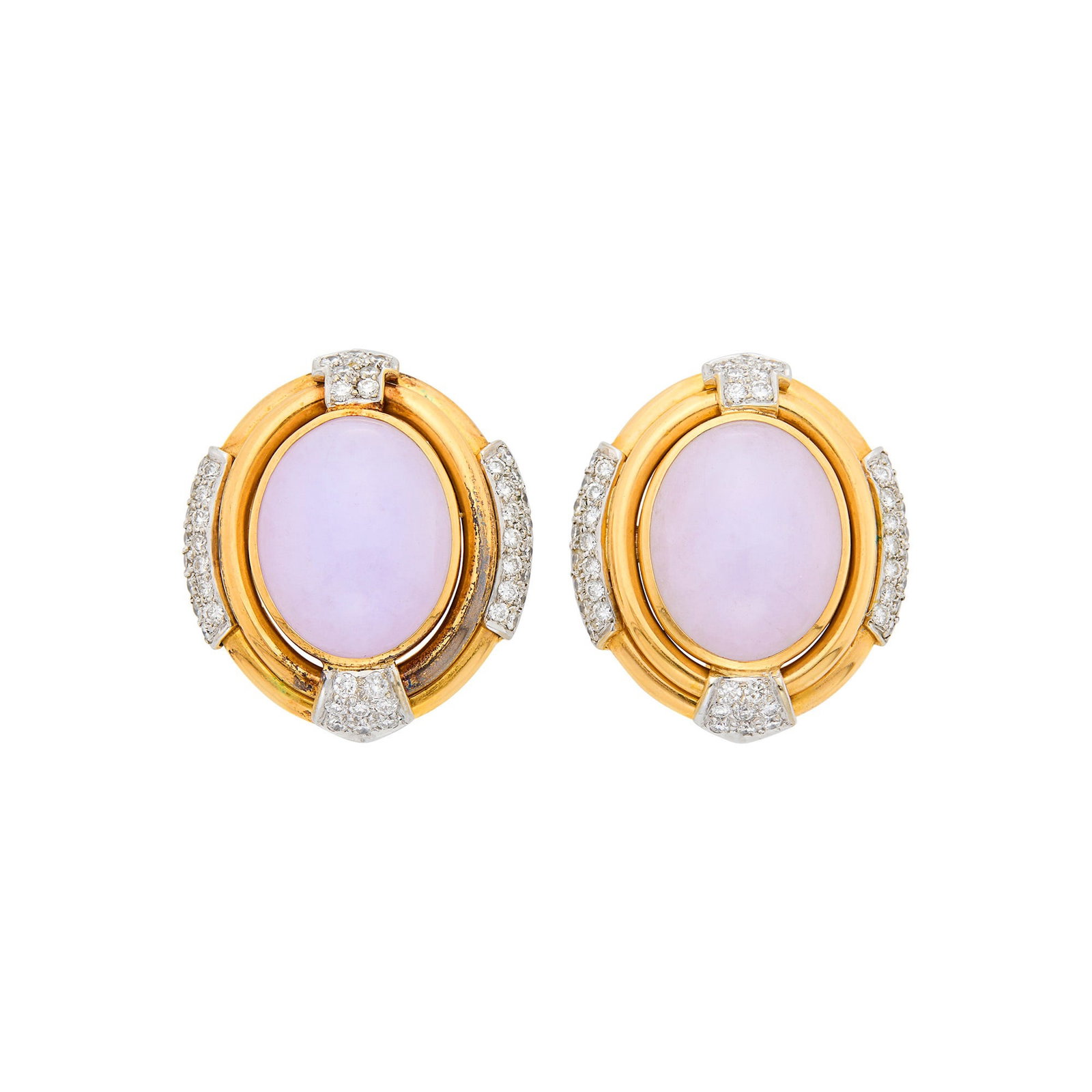 Pair of Two-Color Gold, Lavender Jade and Diamond Earclips: 14 kt. yellow and white gold, 2 oval cabochon lavender jade ap. 16.6 x 13.3 x 7.7 mm., 88 round diamonds ap. 1.75 cts., signed KS, ap. 17.4 dwts. gross. Lavender jade: light lavender, some characteris