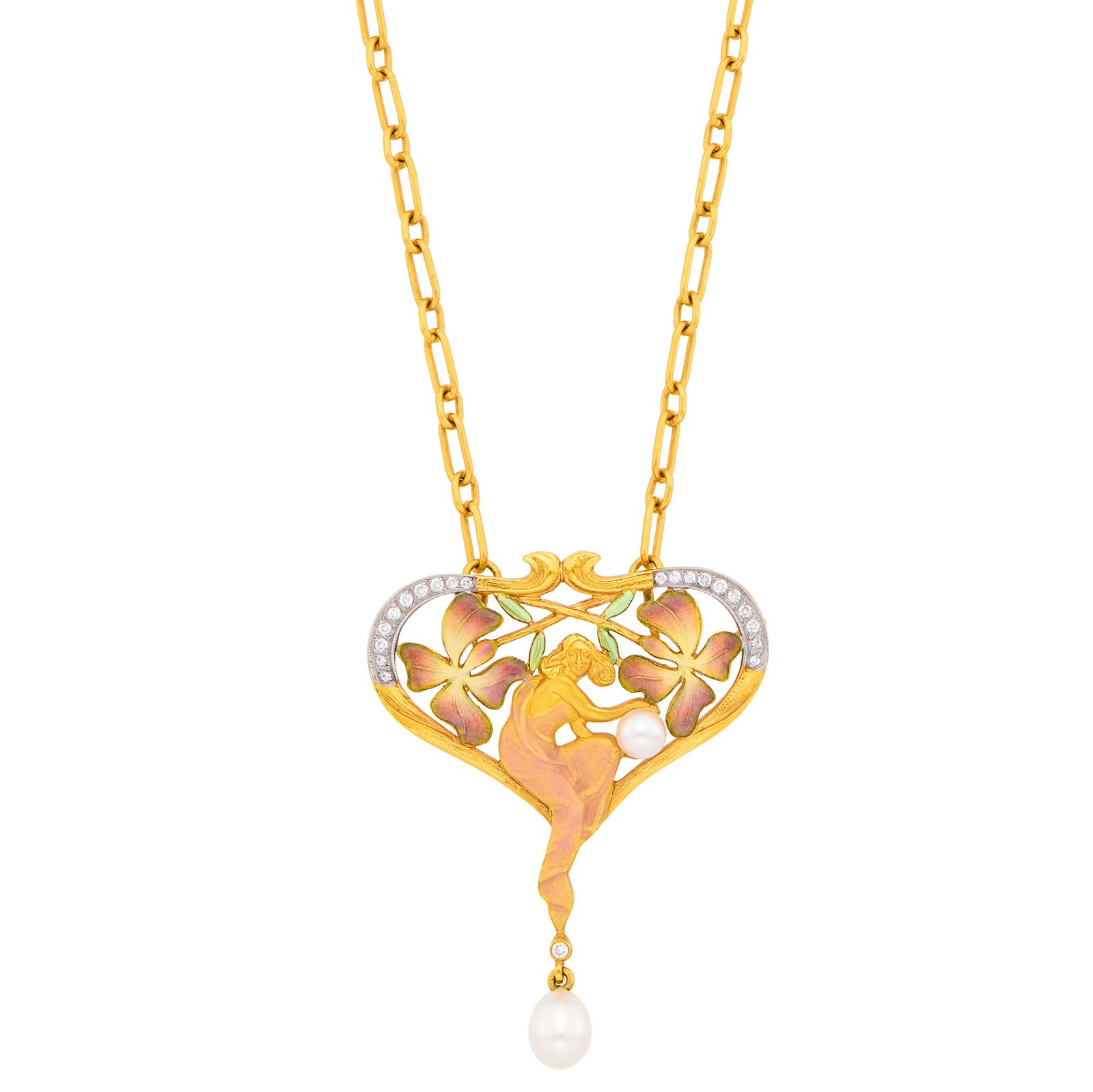 Masriera Gold, Enamel, Diamond and Cultured Pearl Pendant-Brooch with Gold Chain Necklace: 18 kt., pink, green and yellow enamel, 20 small round diamonds, one pearl ap. 4.2 mm., one drop-shaped pearl ap. 7.0 x 5.6 mm., pendant-brooch signed Masriera, no. C-2277-C, ap. 13.4 dwts. Length 20 1