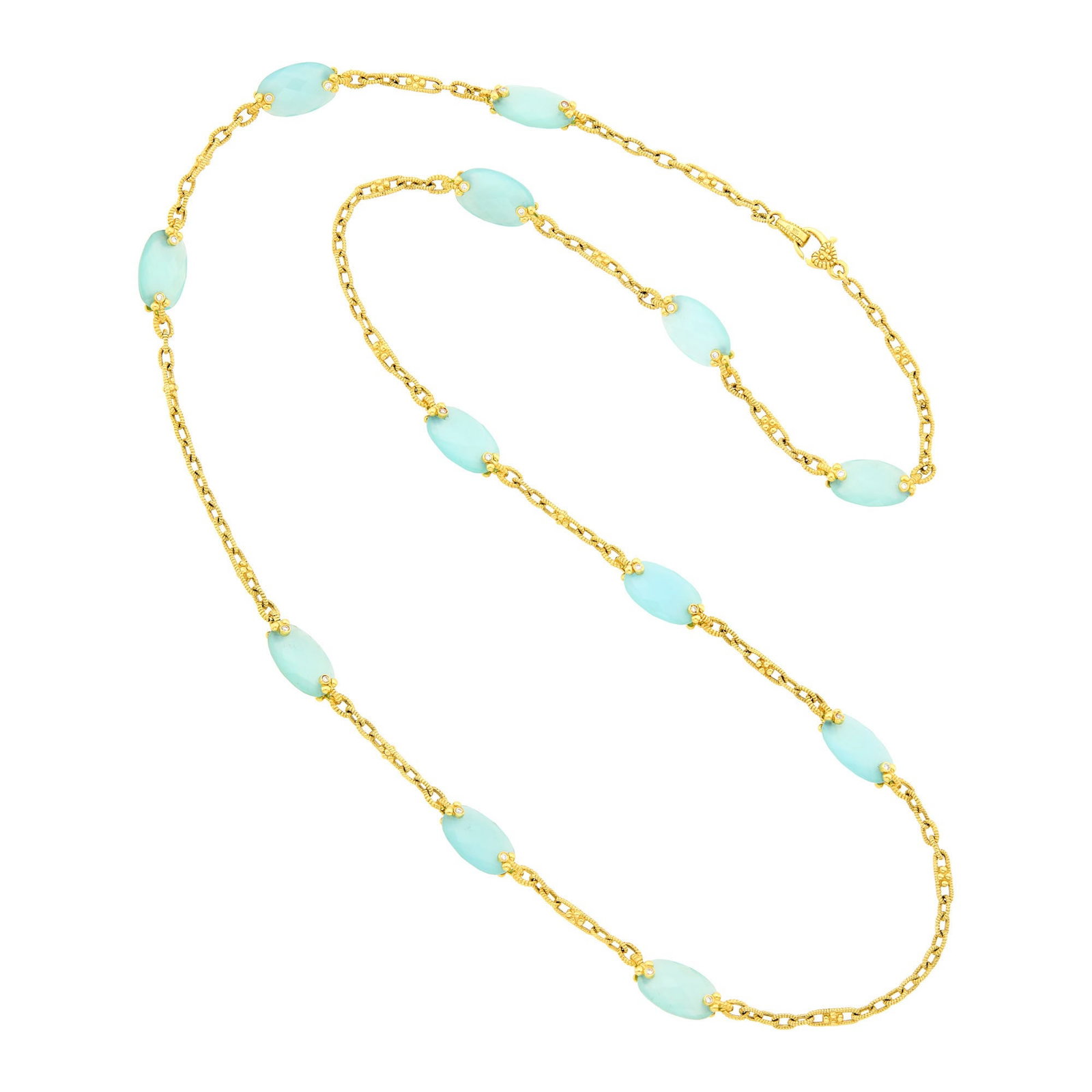 Judith Ripka Long Gold and Greenish Blue Chalcedony Bead Chain Necklace: 18 kt., 12 oval double-sided faceted greenish blue chalcedony beads, 48 round diamonds ap. .45 ct., signed JR, ap. 37 dwts. gross. Length 34 3/4 inches. Chalcedony: medium slightly milky greenish-blue