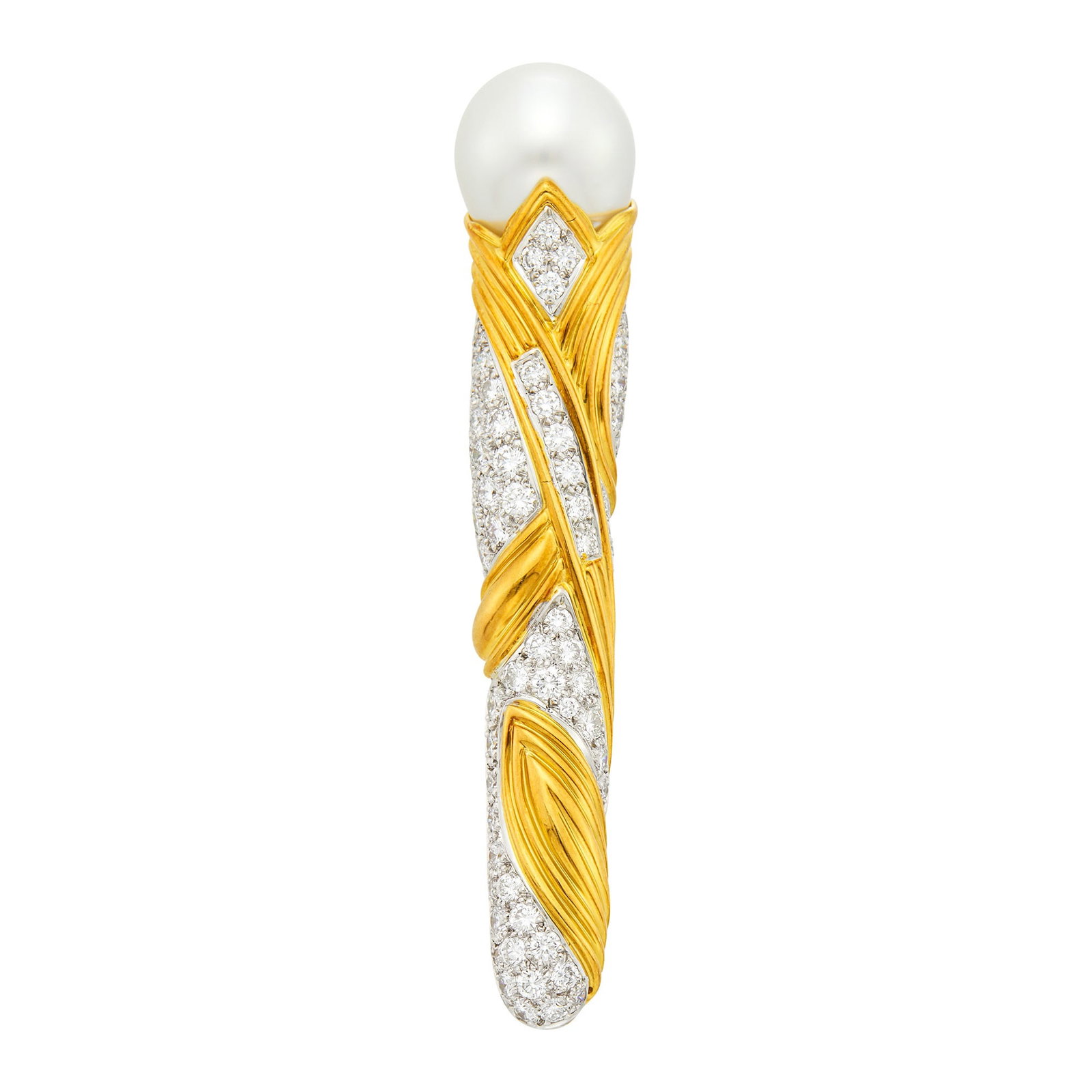 Gold, Platinum, South Sea Cultured Pearl and Diamond Clip-Brooch: 18 kt., one semi-baroque drop-shaped pearl ap.17.0 x 13.0 mm., 69 round diamonds ap. 2.45 cts., signed MJI, ap. 15 dwts. Pearl: white with faint green overtone, rose and green orient, cleanish, ridged