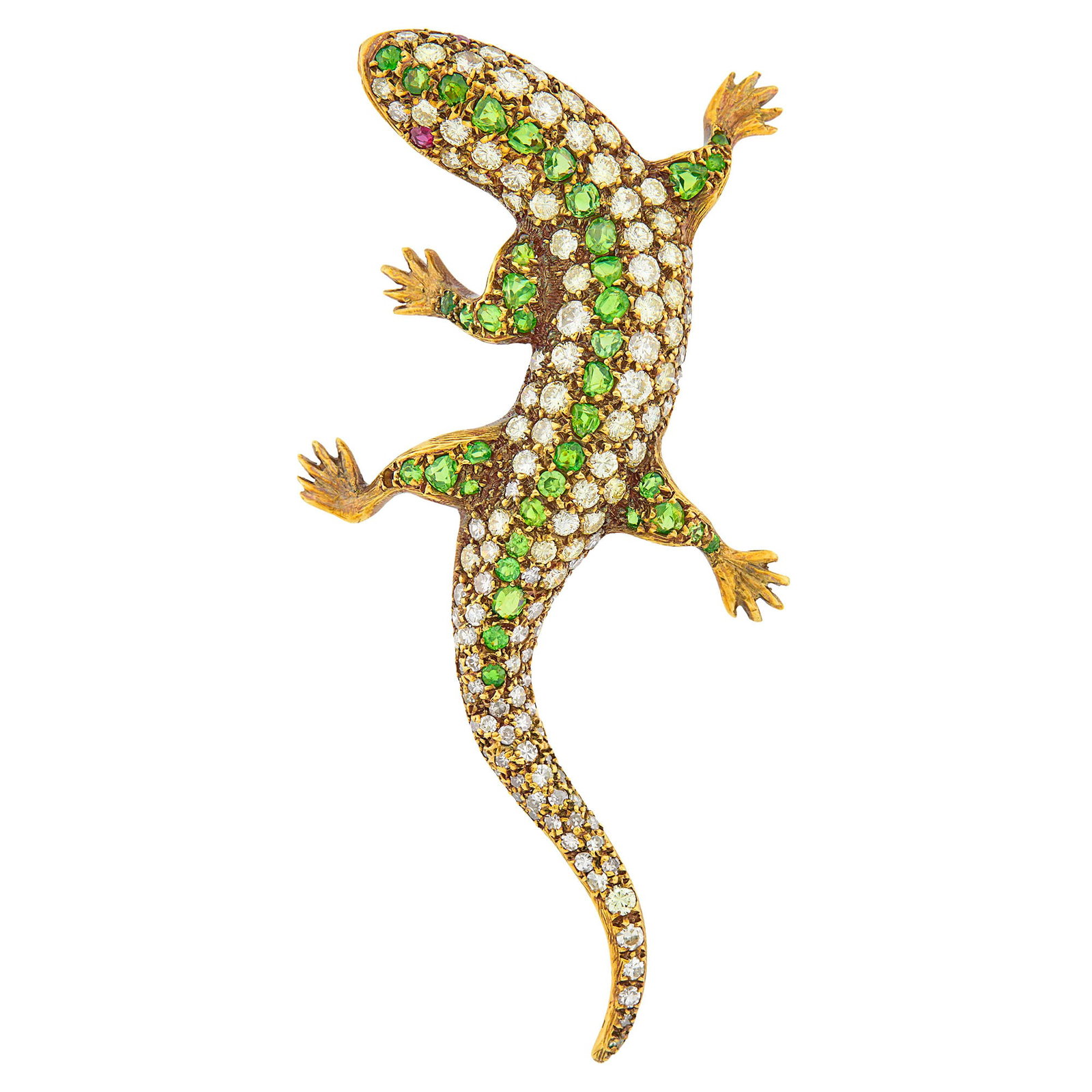 Gold, Demantoid Garnet, Diamond and Ruby Lizard Brooch: Vari-shaped demantoid garnets, round and single-cut diamonds ap. 4.00 cts., small round ruby eyes, ap. 11.6 dwts. Tests as 14 kt. Demantoid garnets: bright medium light to medium lime green, cleanish 