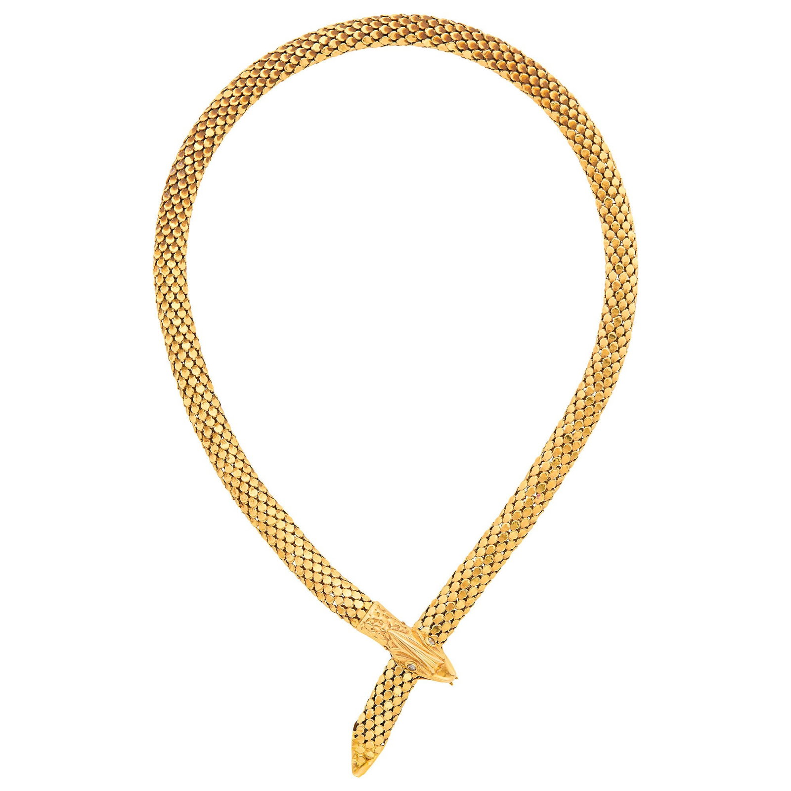 Gold and Diamond Slide Mesh Snake Necklace: 18 kt., snake links, round diamond eyes, with Italian mark, ap. 29.6 dwts. Length 17 inches, adjustable. Diamonds: J-K-Imperfect. Width 3/8 inch.