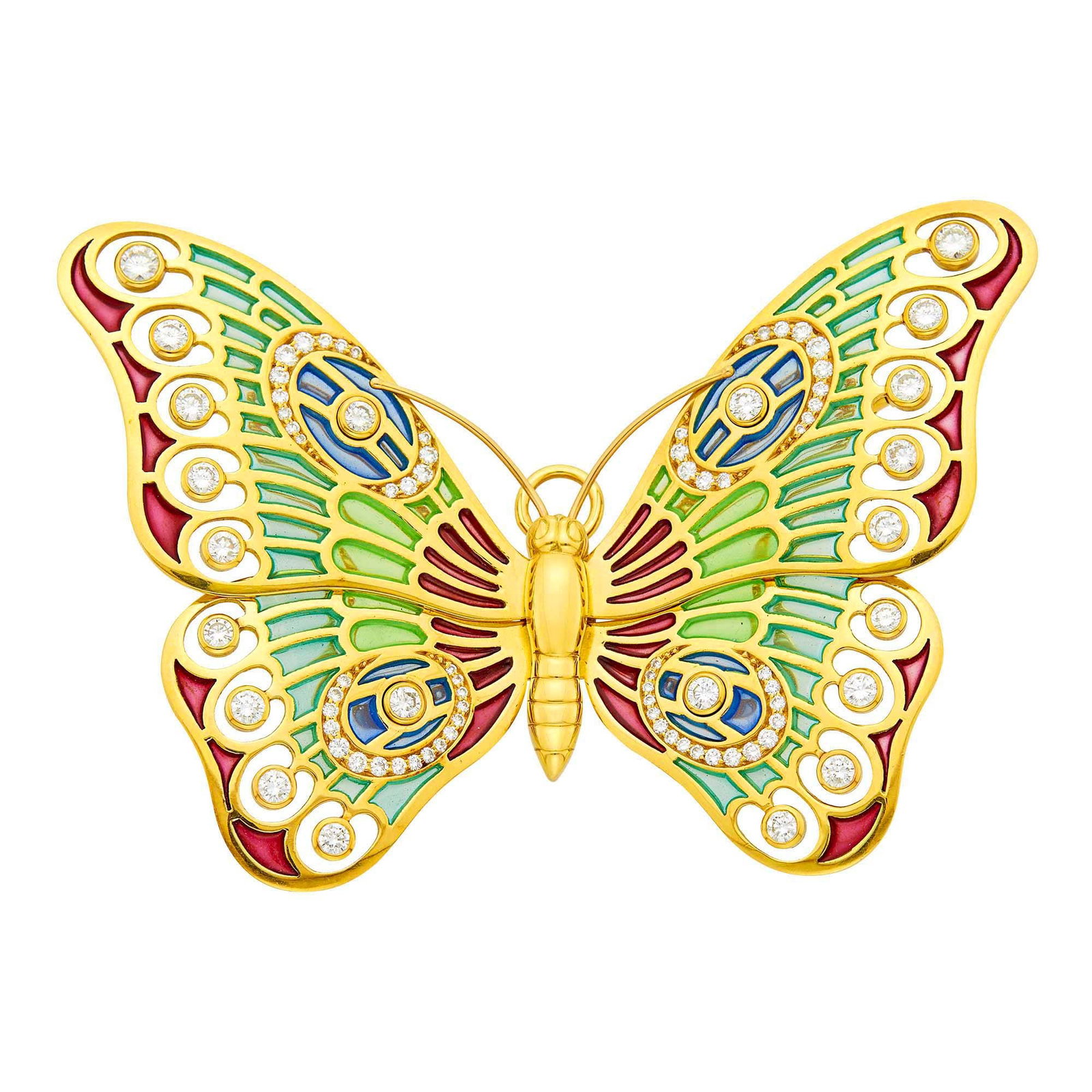 Leo De Vroomen Gold, Plique-à-Jour Enamel and Diamond Butterfly Pendant-Brooch: 18 kt., red, green and blue plique-à-jour enamel, 22 round diamonds ap. 2.00 cts., 64 small round diamonds ap. .85 ct., with maker's mark and English hallmarks, ap. 29 dwts. Diamonds: H-I-VS. Wel