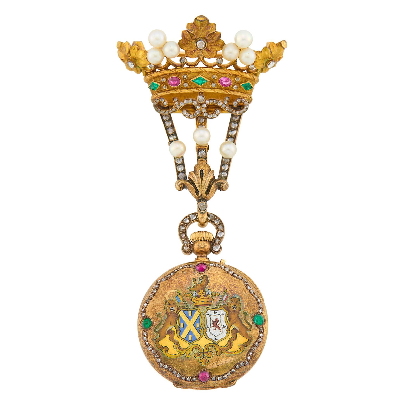 Antique Gold, Enamel, Pearl, Diamond and Gem-Set Demi-Hunter Lapel Pendant-Watch: Mechanical, pearls ap. 3.8 to 3.4 mm., rose-cut diamonds, 4 oval and inverted round rubies, 3 diamond-shaped and 2 inverted round emeralds, cover applied with vari-colored enamel shields flanked by li