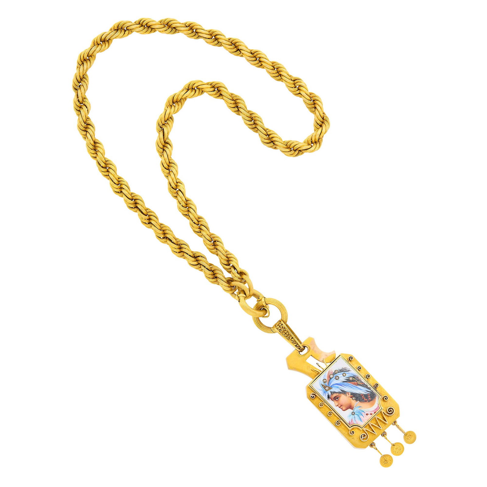 Antique Twisted Gold Chain Necklace with Gold, Silver and Painted Portrait Miniature and Diamond: Pendant of painted portrait of woman with feathered headdress, small rose-cut diamonds, reverse with glazed compartment with hair memorial, ap. 38.3 dwts. gross. Length 16 3/4 inches. Tests as 14 kt. 