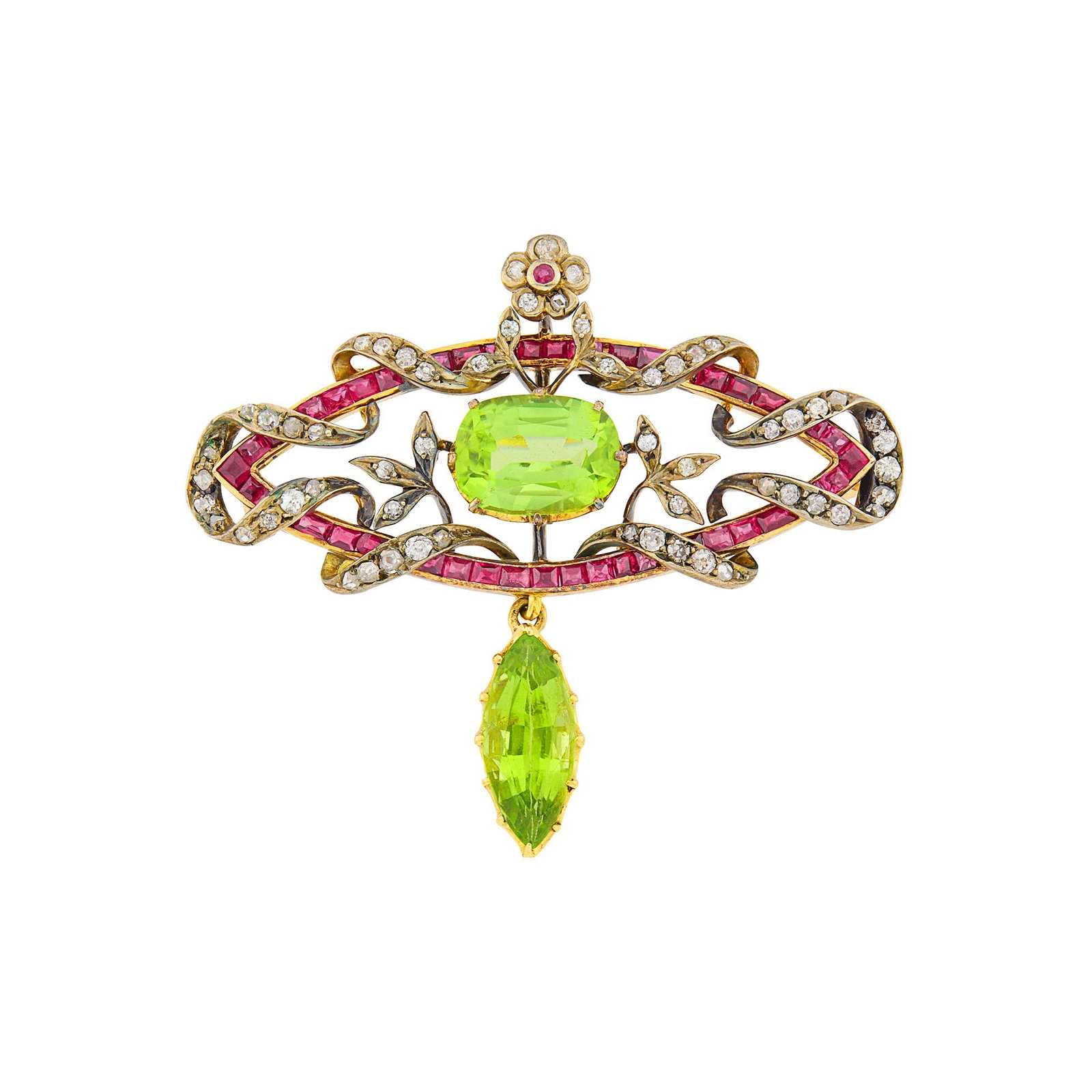 Antique Silver, Gold, Peridot, Ruby and Diamond Brooch: One cushion-shaped peridot ap. 2.85 cts., one marquise-shaped peridot ap. 2.30 cts., small old-mine cut diamonds, one small round ruby, rectangular and square-shaped rubies, signed Lattes, c. 1890, ap