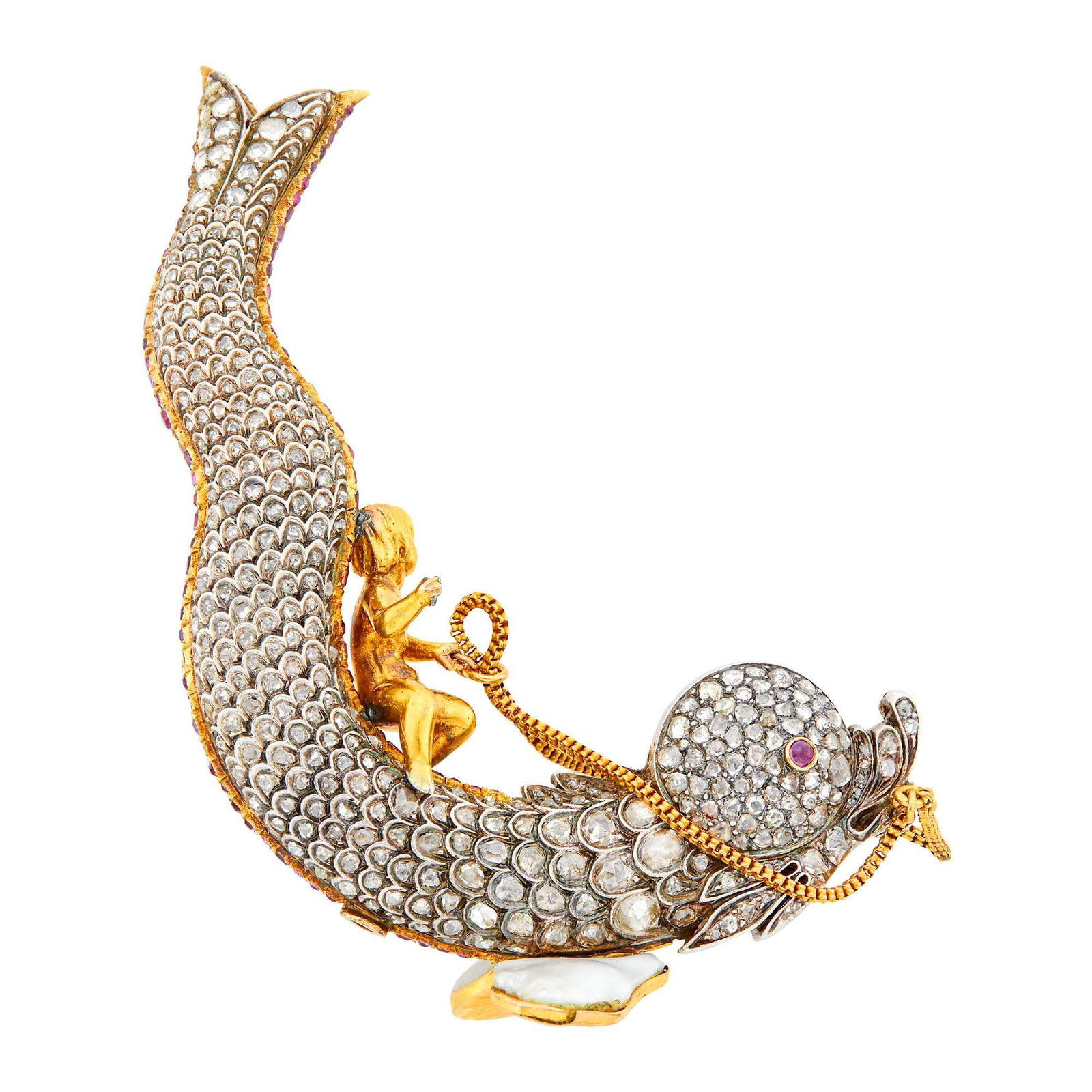 Antique Silver, Gold, Blister Pearl, Diamond and Ruby Dolphin and Rider Brooch: Baroque blister pearl on reverse in form of a dolphin and fins, rose-cut diamonds, small cushion-shaped rubies, 2 small round cabochon ruby eyes, with perched rider grasping rope chain, five rubies mi