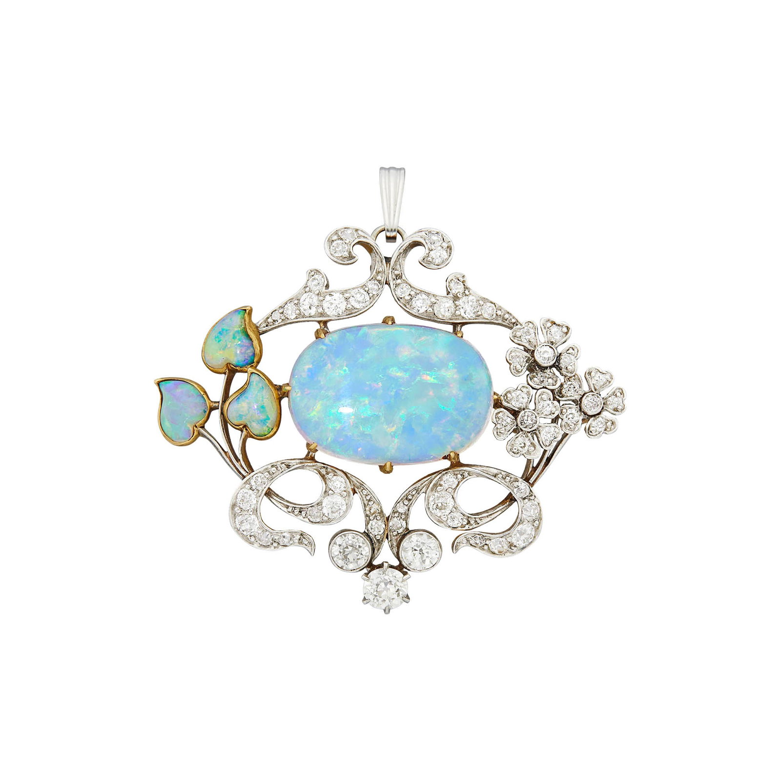 Belle Epoque Platinum, Gold, Opal and Diamond Pendant: One oval opal ap. 9.70 cts., 3 old European and old-mine cut diamonds ap. .55 ct., old European-cut diamonds ap. 1.20 cts., three carved opal leaves, c. 1905, pendant loop added later, ap. 8 dwts. Cen
