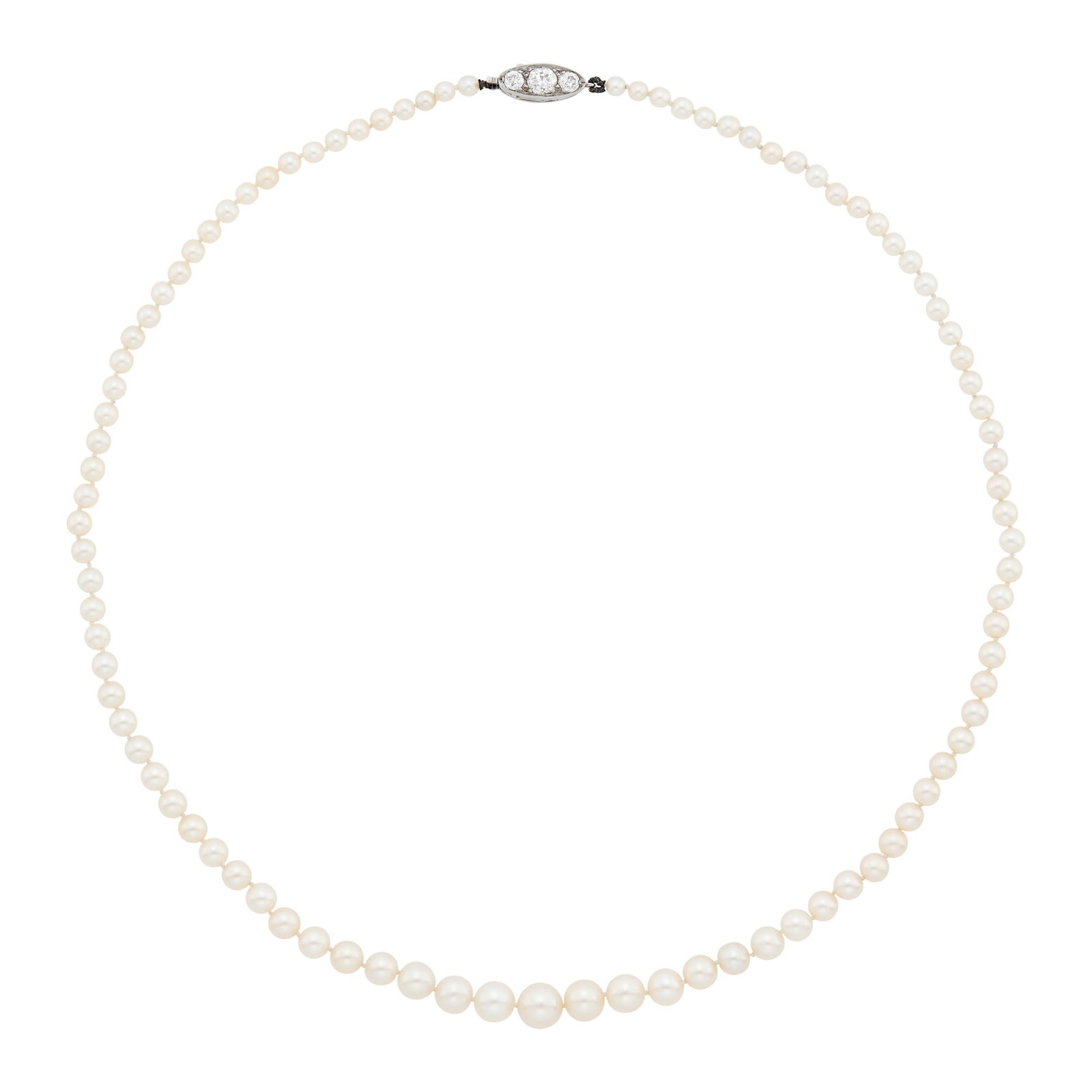 Natural Pearl Necklace with Platinum and Diamond Clasp: 94 pearls ap. 6.63 to 2.92 mm., 3 old-mine cut diamonds ap. .45 ct. Length 16 1/2 inches. With GIA report no. 5231953111 stating natural pearls, saltwater, with no indications of treatment. Pearls: