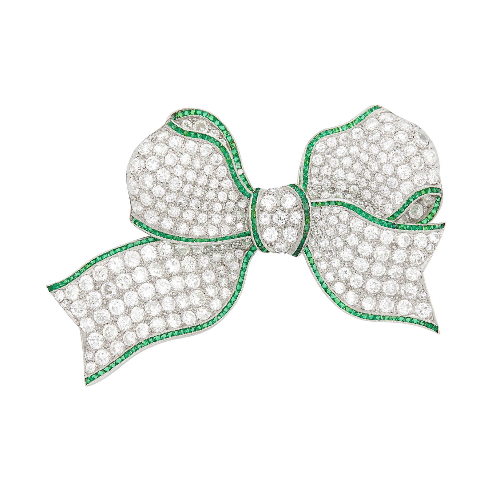 Platinum, Diamond and Emerald Bow Brooch: Old European, transitional and single-cut diamonds ap. 11.50 cts., square and rectangular-cut emeralds, one emerald missing, ap. 16.2 dwts. Diamonds; H-I-VS-SI. Emeralds: medium green, slightly to mod