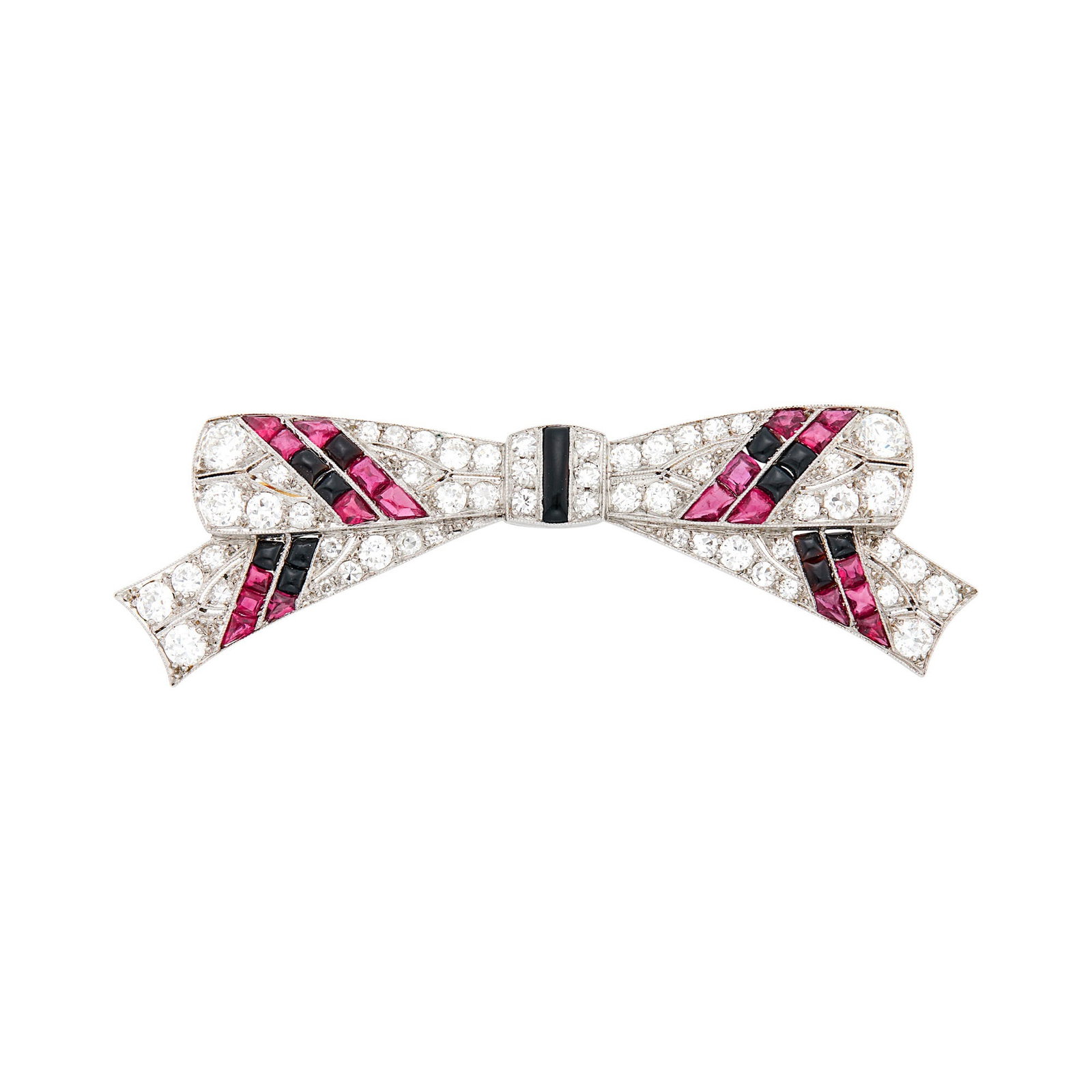 Tiffany & Co. Platinum, Diamond, Cabochon Ruby and Black Onyx Bow Pin (1 of 1)