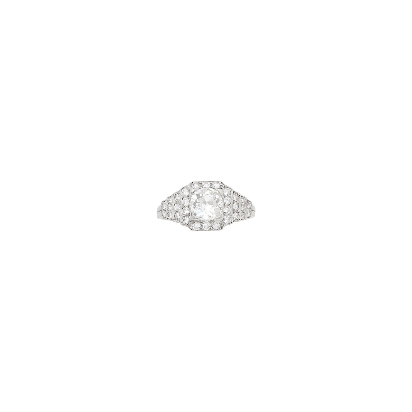 Platinum and Diamond Ring: One old-mine cut diamond ap. .90 ct., 30 transitional-cut diamonds ap. .60 ct., c. 1920, ap. 2.7 dwts. Size 5 1/2. Center diamond: H-I-SI due to chip on crown facet by prong, medium-large open culet, 