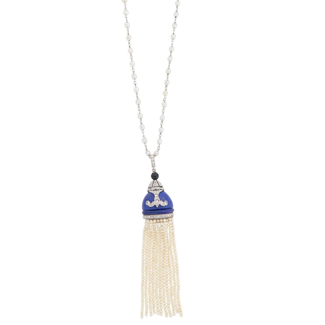 Platinum, Lapis, Diamond and Seed Pearl Tassel Pendant, France, with Long Platinum and Seed Pearl: Bell-shaped lapis ap. 12.0 x 16.0 mm., rose-cut diamonds, one black onyx bead, eleven strand tassel, pearls ap. 1.6 mm., vari-shaped pearls ap. 2.6 mm., pendant with French assay mark, c. 1920, one ro