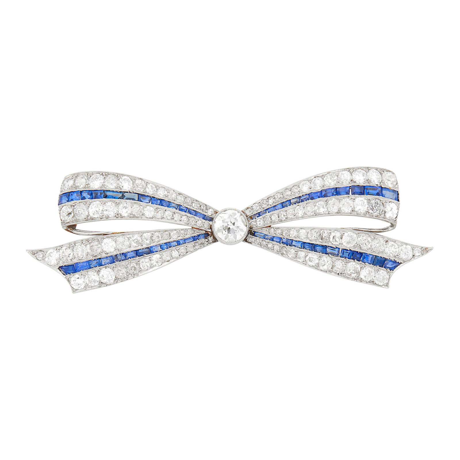 Platinum, Diamond and Sapphire Bow Brooch: One old European-cut diamond ap. .50 ct., 112 old-mine cut diamonds ap. 3.40 cts., rectangular-cut sapphires, c. 1925, ap. 8.2 dwts. With gold pin fitting. Center diamond: G-H-I-VS. Diamonds: H-I-VS-S