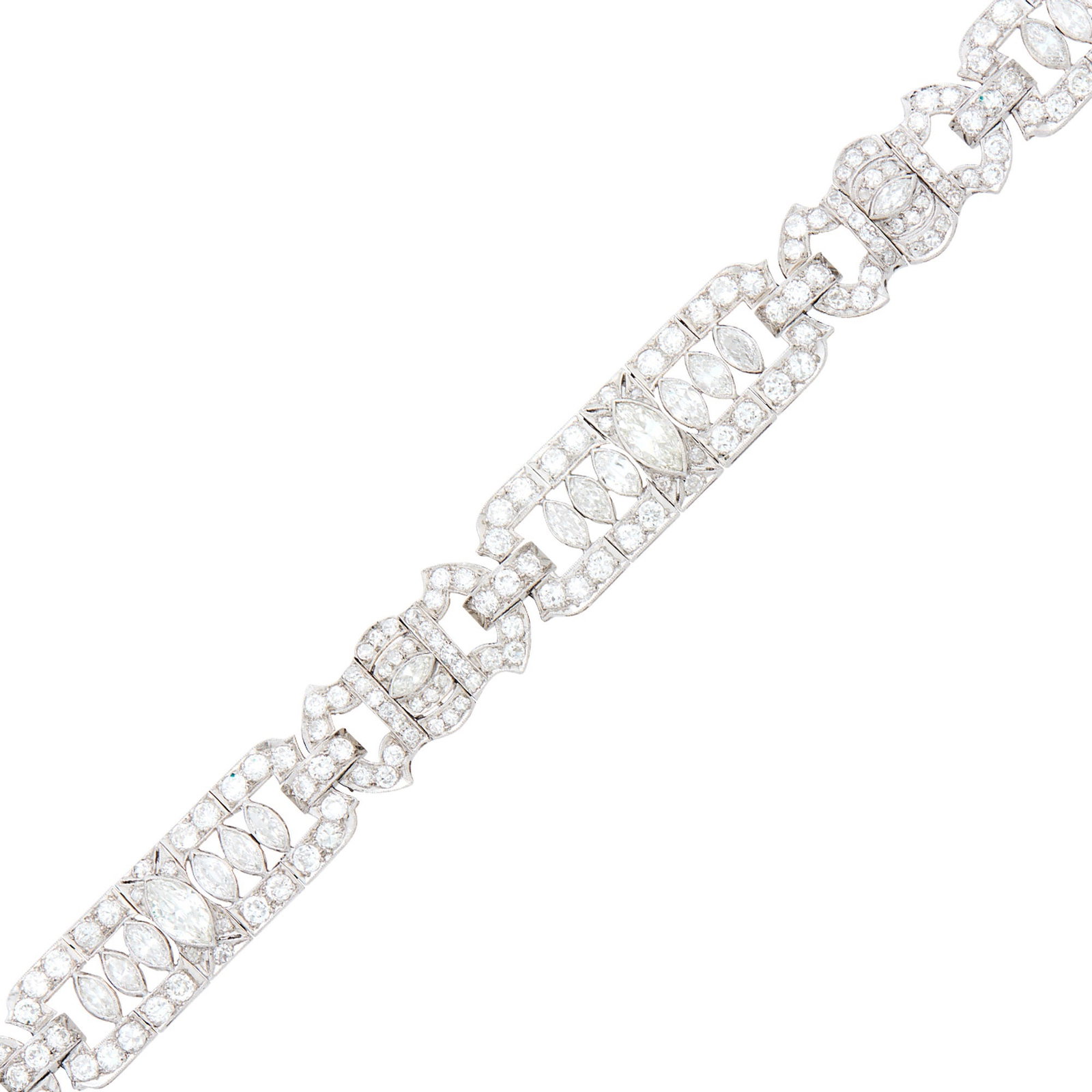 Platinum and Diamond Bracelet: 24 marquise-shaped diamonds ap. 4.45 cts., 96 old European and 90 single-cut diamonds ap. 7.30 cts., ap. 19.8 dwts. Inner cir. 6 3/4 inches. Larger marquise-shaped diamonds: J-K-VS. Diamonds: H-I-J-VS