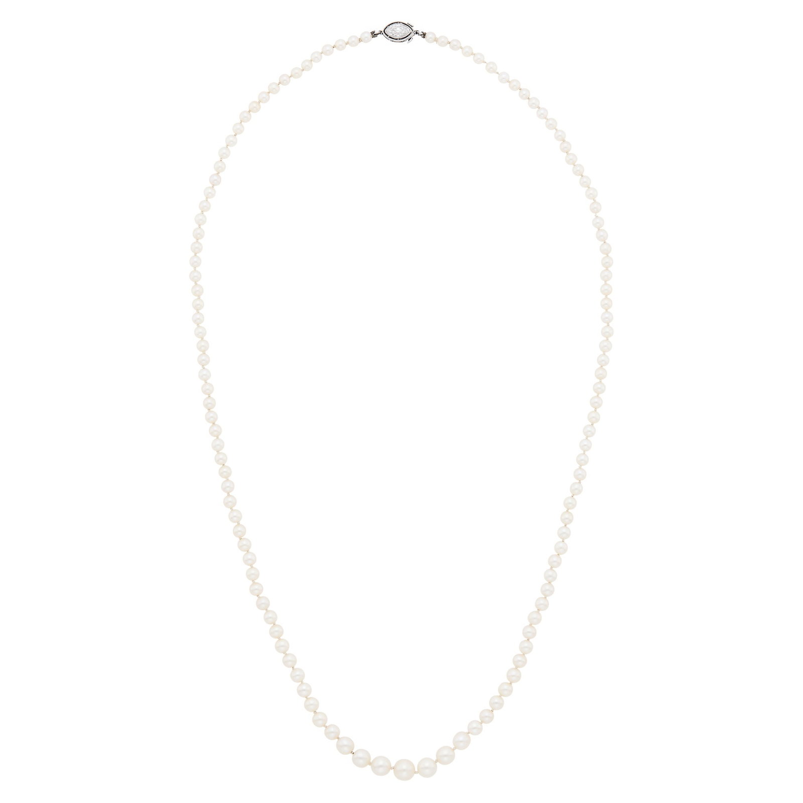 Natural Pearl Necklace with Platinum and Diamond Clasp: 119 pearls ap. 6.17 to 3.25 mm., one marquise-shaped diamond ap. .45 ct. Length 20 5/8 inches. With GIA report no. 223593118 stating natural pearls, saltwater, with no indications of treatment. Pearls