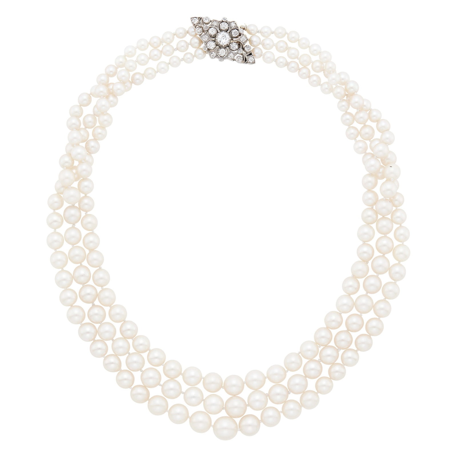 Triple Strand Cultured Pearl Necklace with Silver, Gold and Diamond Clasp: Pearls ap. 8.0 to 4.8 mm., one old European-cut diamond ap. .45 ct., 17 old-mine cut diamonds ap. .90 ct., 7 small old-mine cut diamonds. Length 16 1/2 inches. * Pearls: slightly creamy, rose and gree